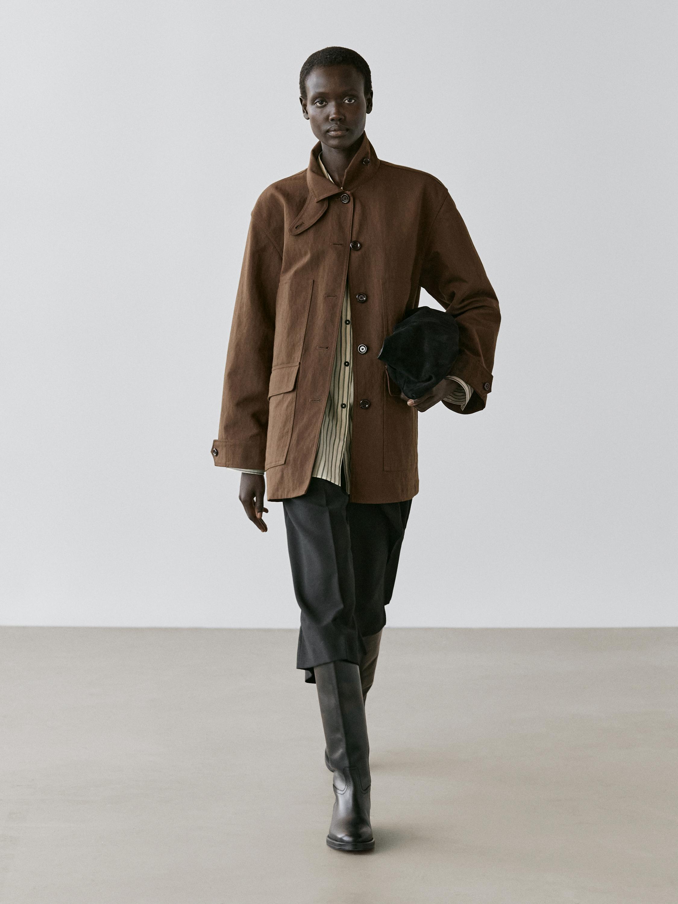 Cotton blend jacket with pockets — BROWN