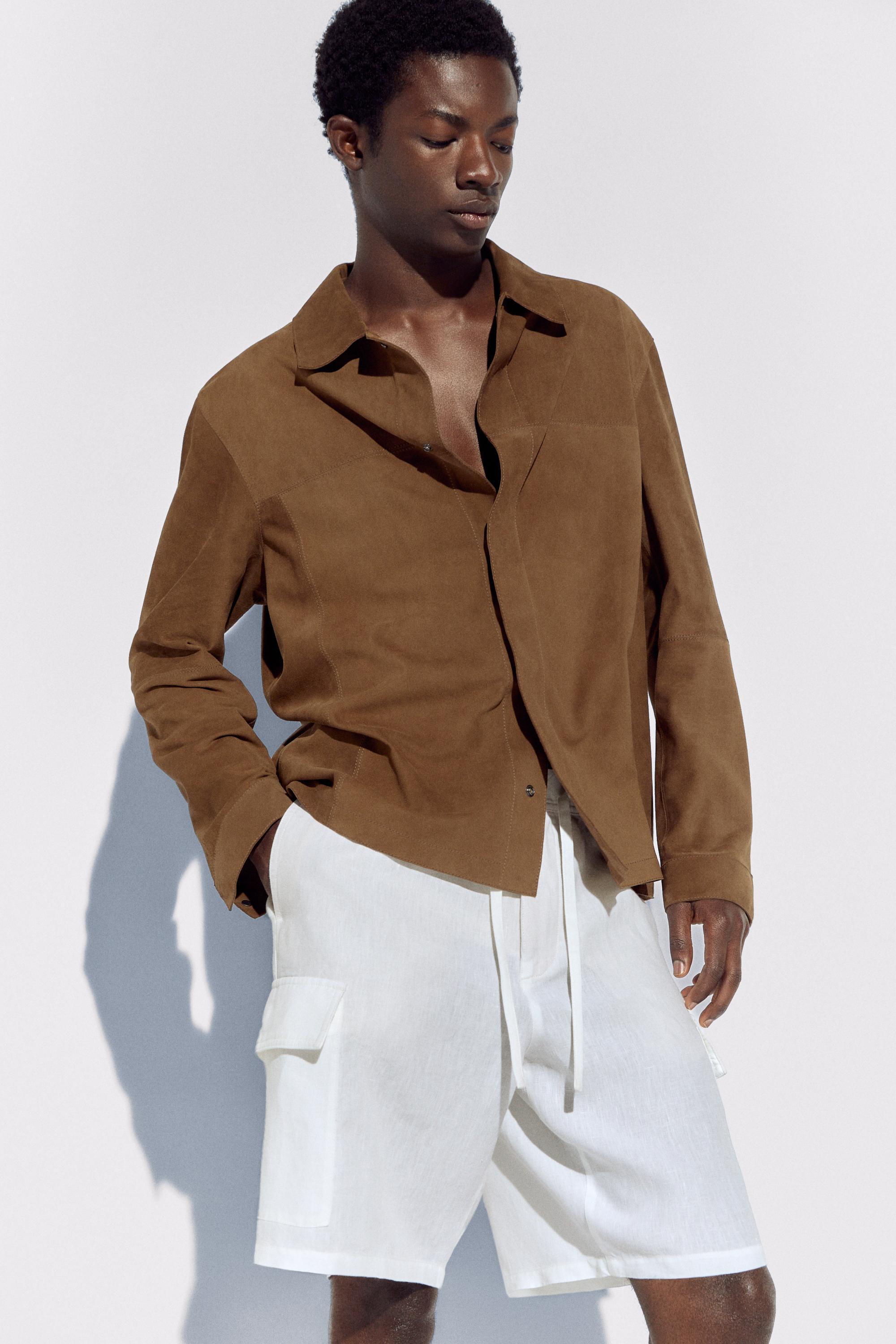 Lightweight suede leather overshirt — BROWN