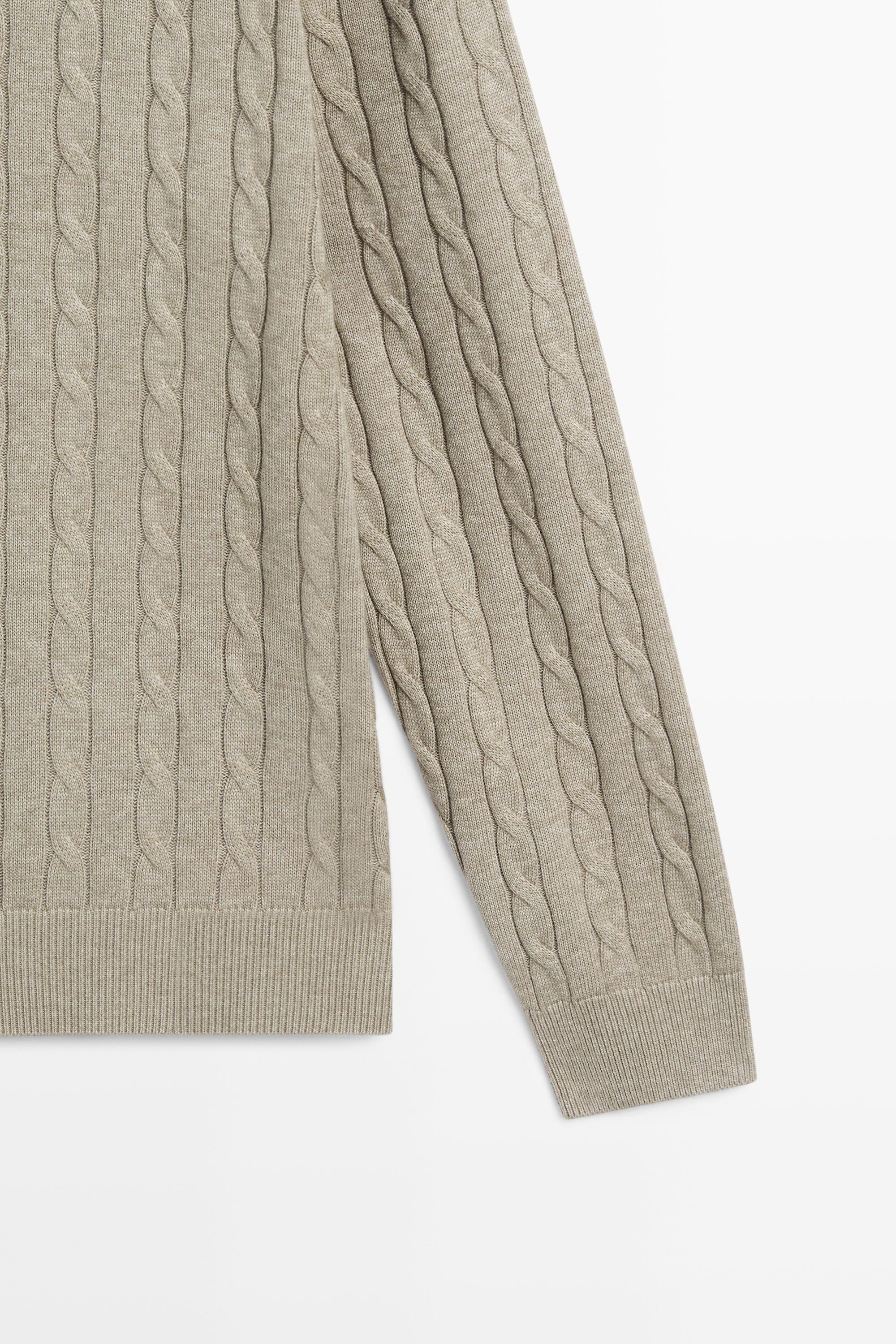 100% Cotton Cable-Knit Polo Sweater — Greyish green