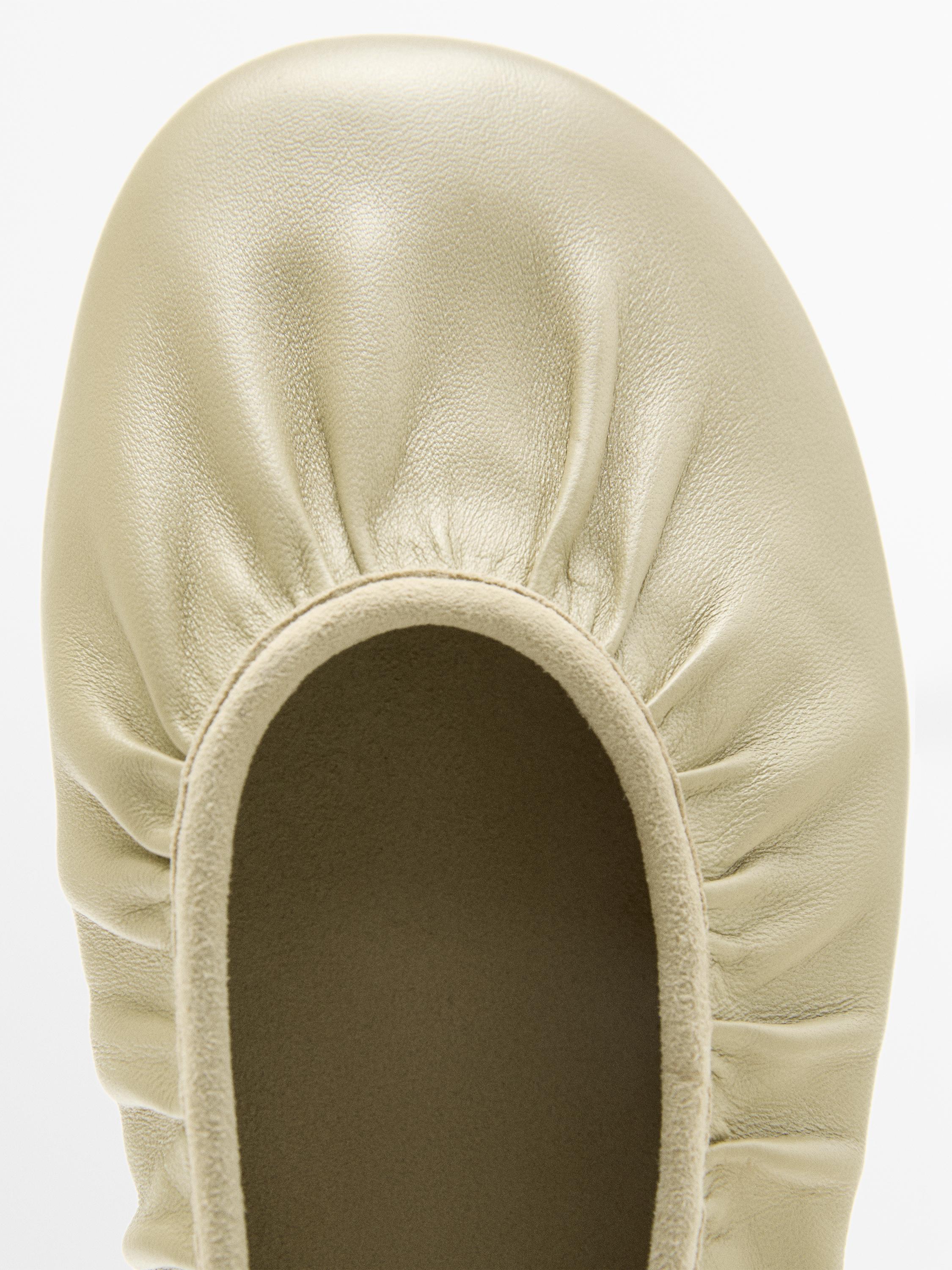Soft leather ballet flats with gathered detail — BEIGE