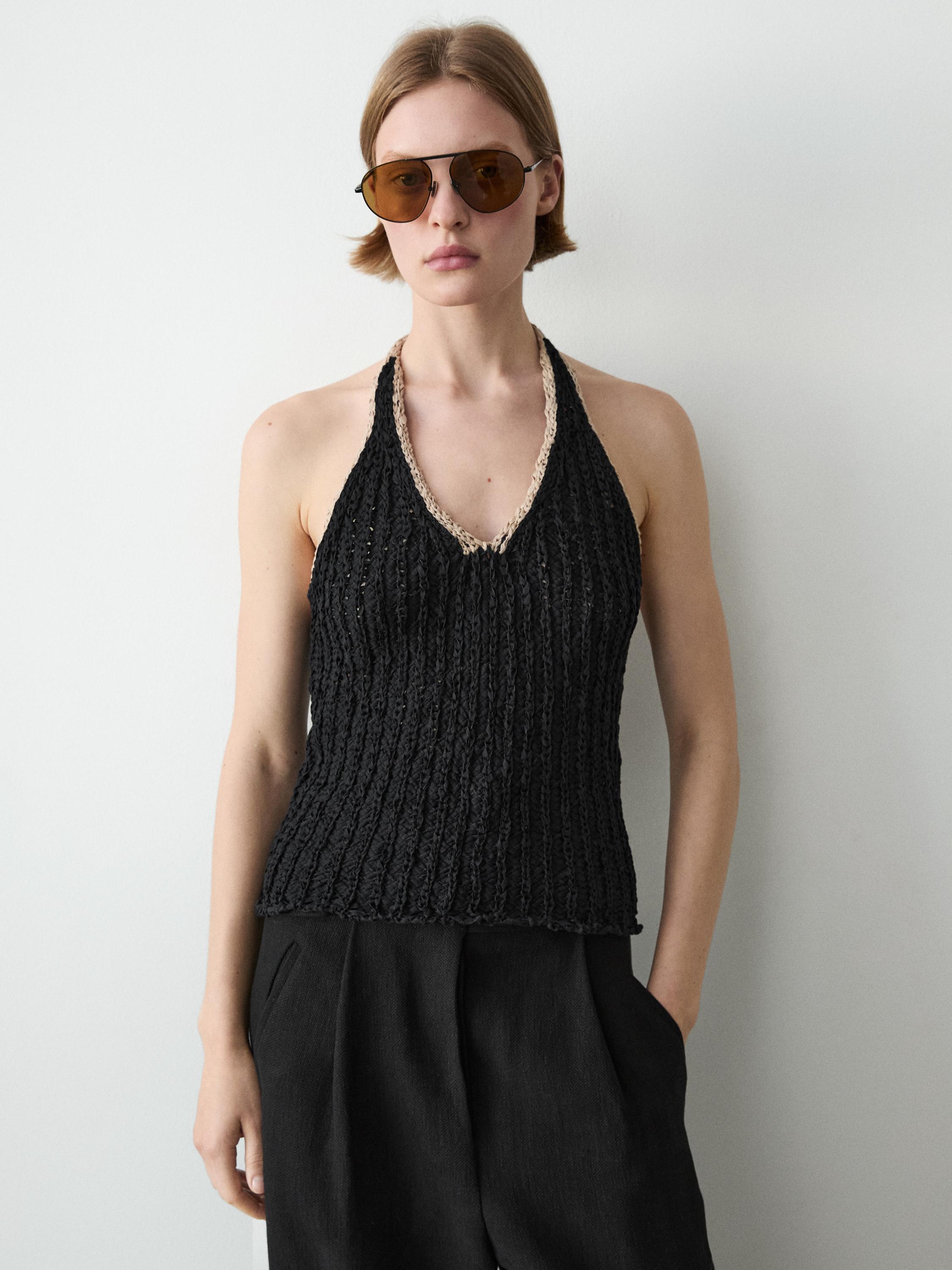 Contrast knit halter top — BLACK