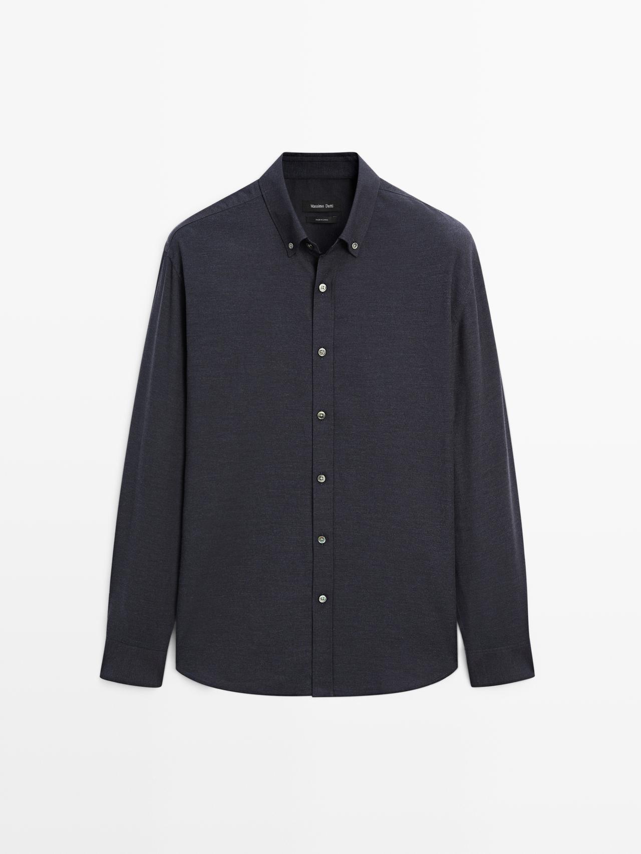 Massimo Dutti - Heren - Zacht Gemêleerd Overhemd Regular Fit - Marineblauw - S