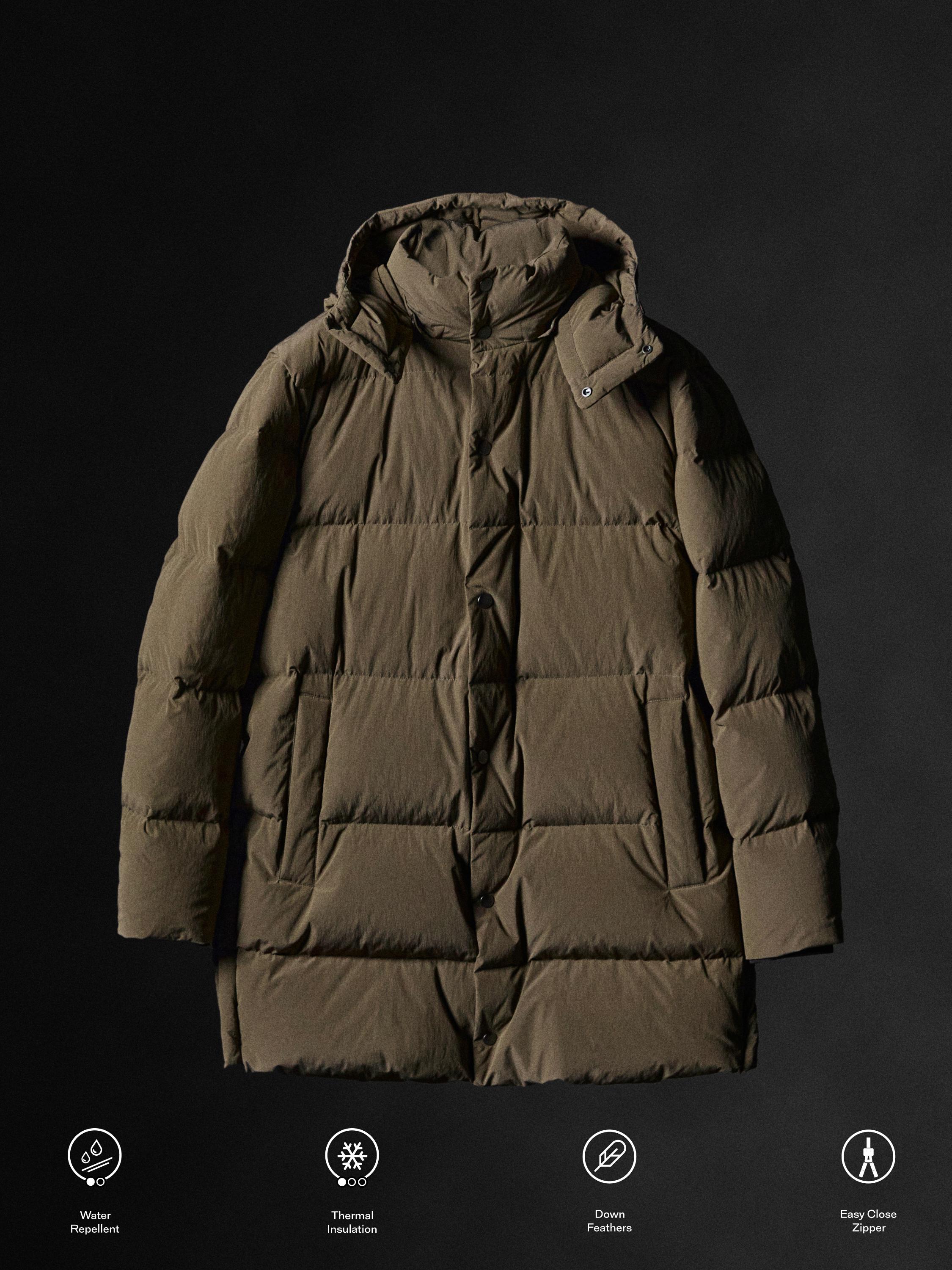 Long water-repellent down puffer jacket