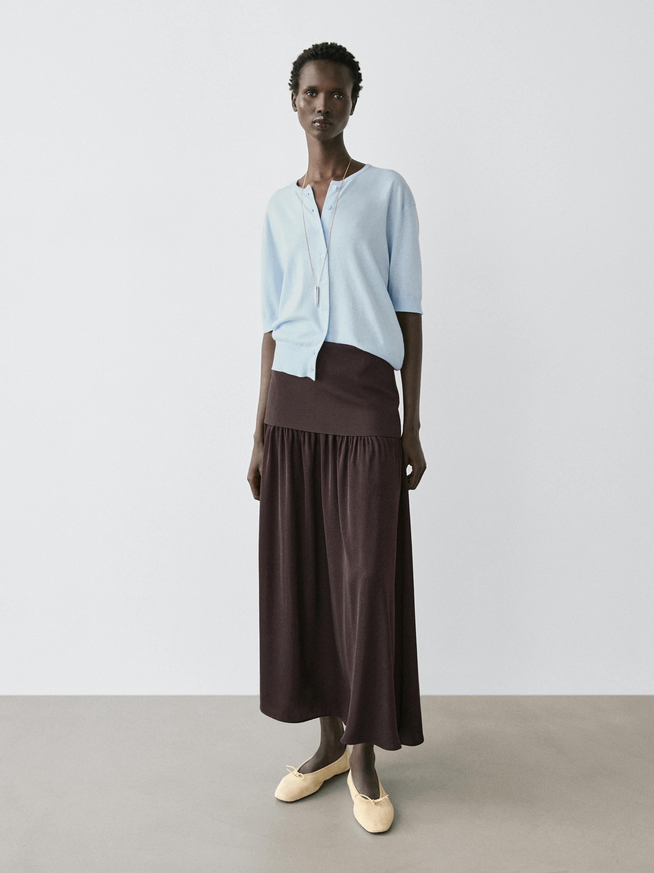 Flowing contrast midi skirt — BROWN