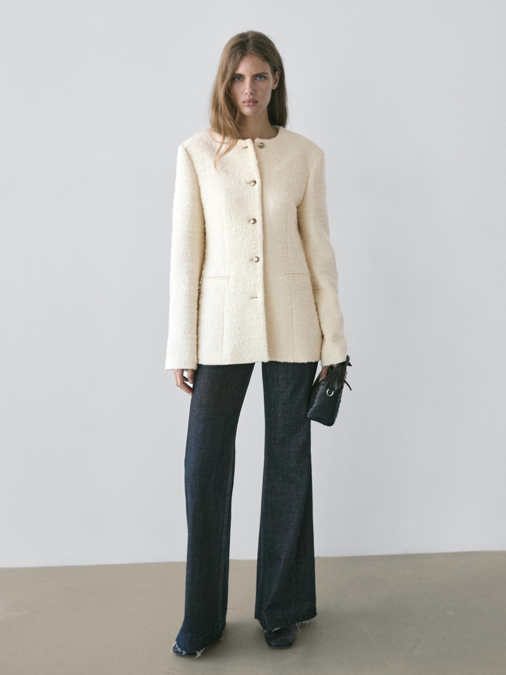 Casaco Com Textura E Botões Joia Em Mistura De Lã - Gelo - 36 - Massimo Dutti - Mulher