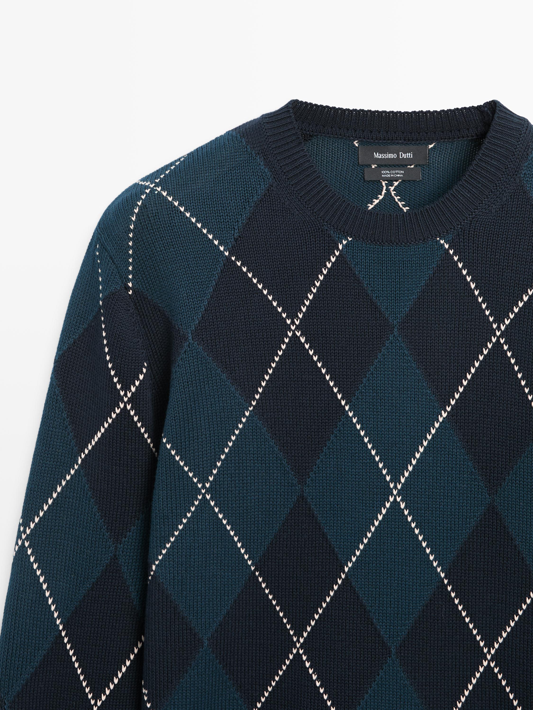Cotton knit sweater with argyle detail — BLUE