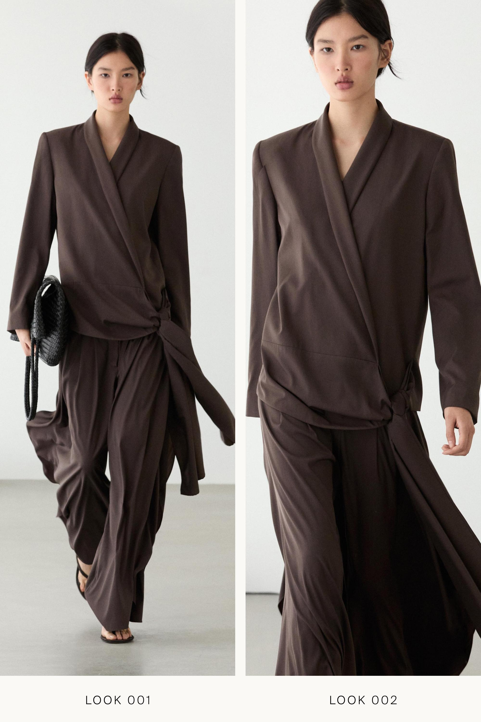 Wool blend blazer with tie detail — Chocolate