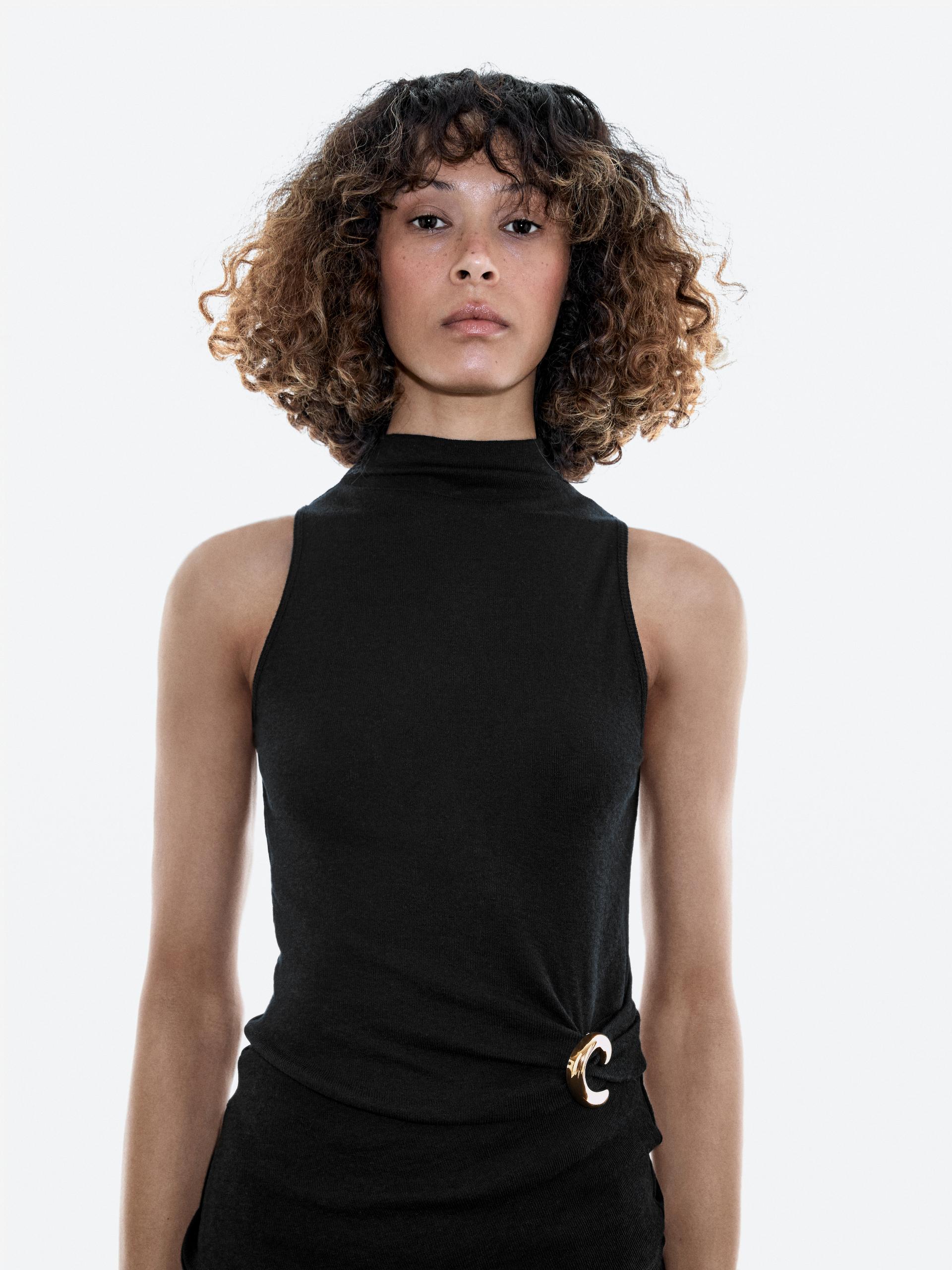Massimo Dutti Funnel Neck Top With Brooch Detail