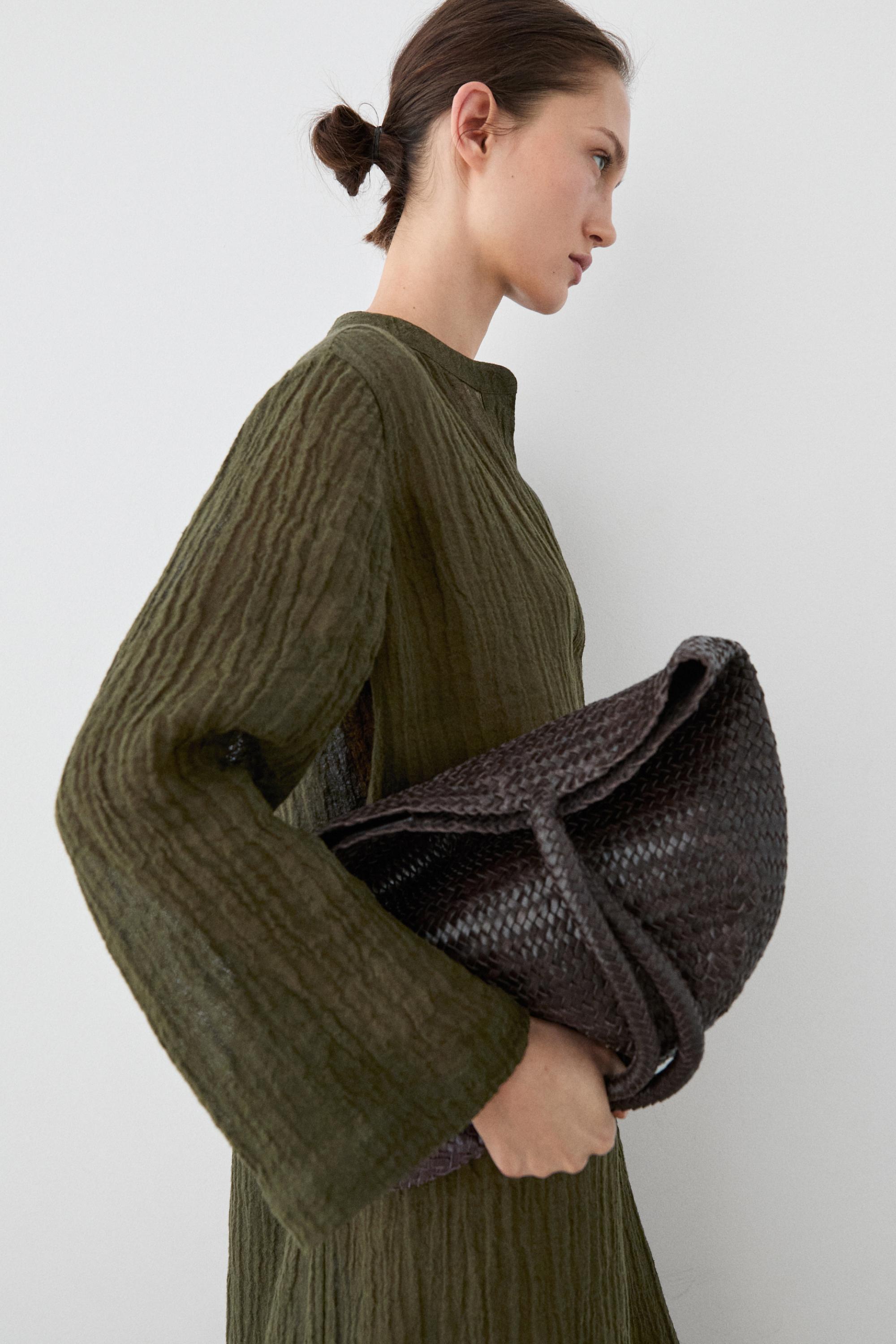 Linen blend waffle-knit shirt dress — GREEN