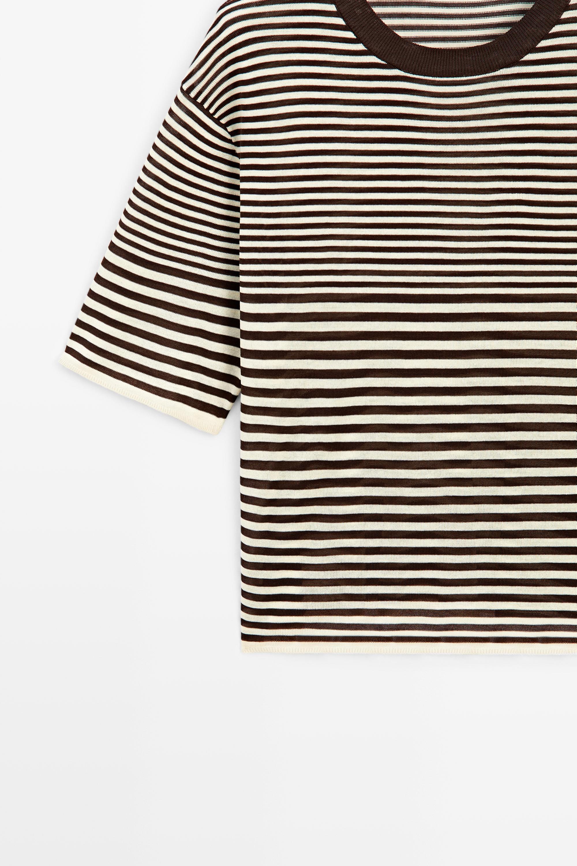 100% cotton short sleeve striped T-shirt — BROWN