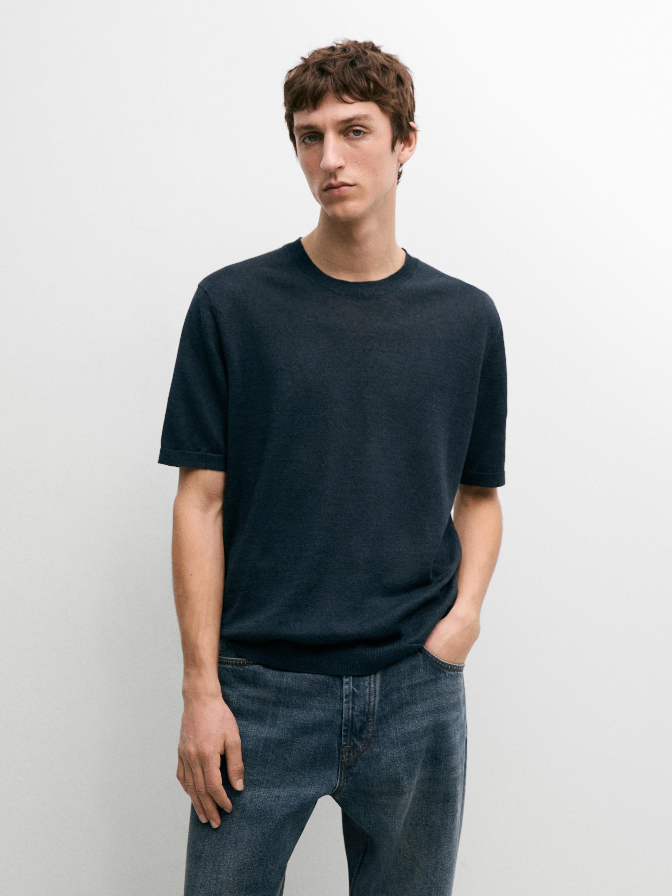 Lightweight 100% linen knit T-shirt — NAVY BLUE
