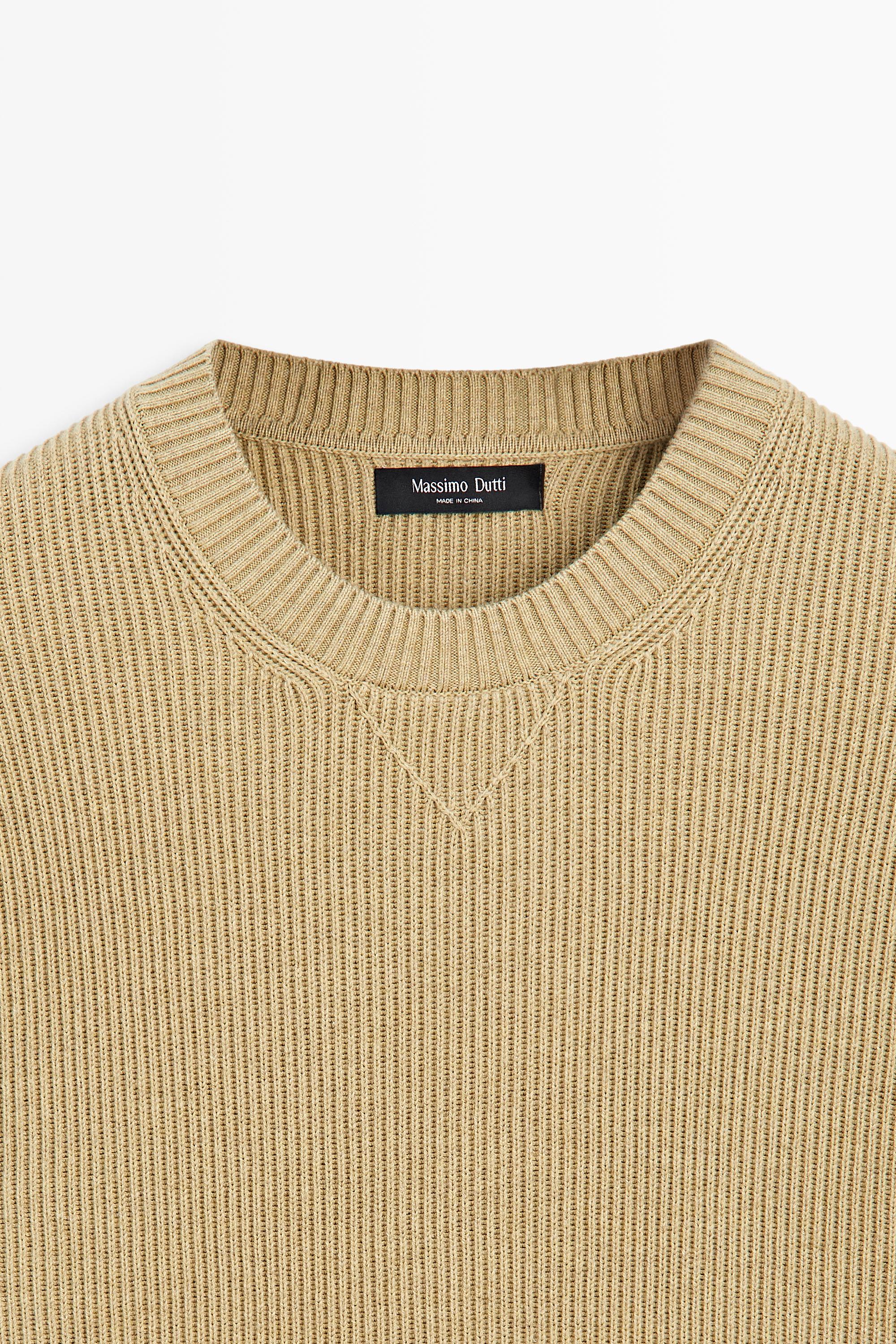 Cotton blend ribbed knit sweater — CREAM