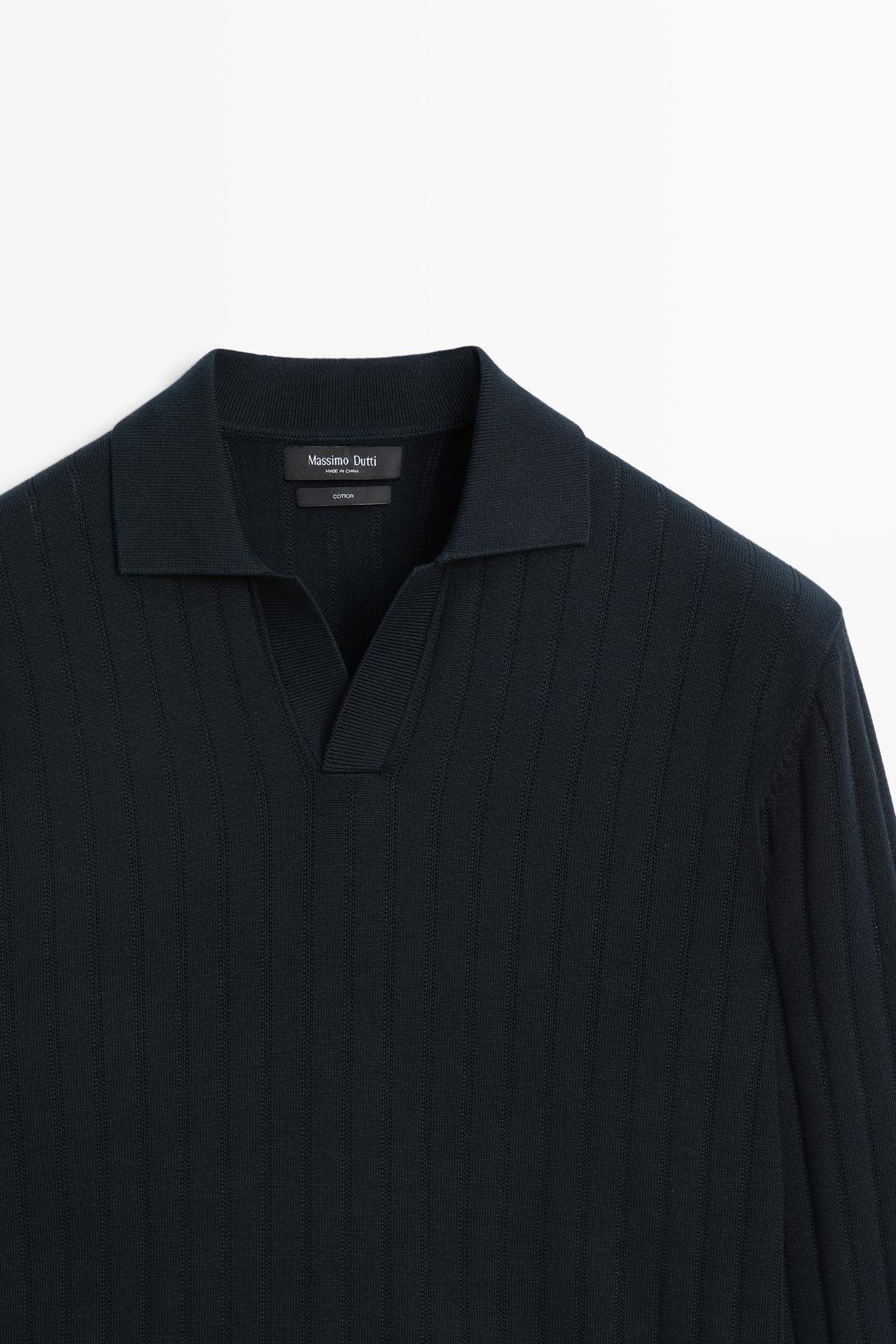 100% Cotton Knit Polo Sweater — NAVY BLUE