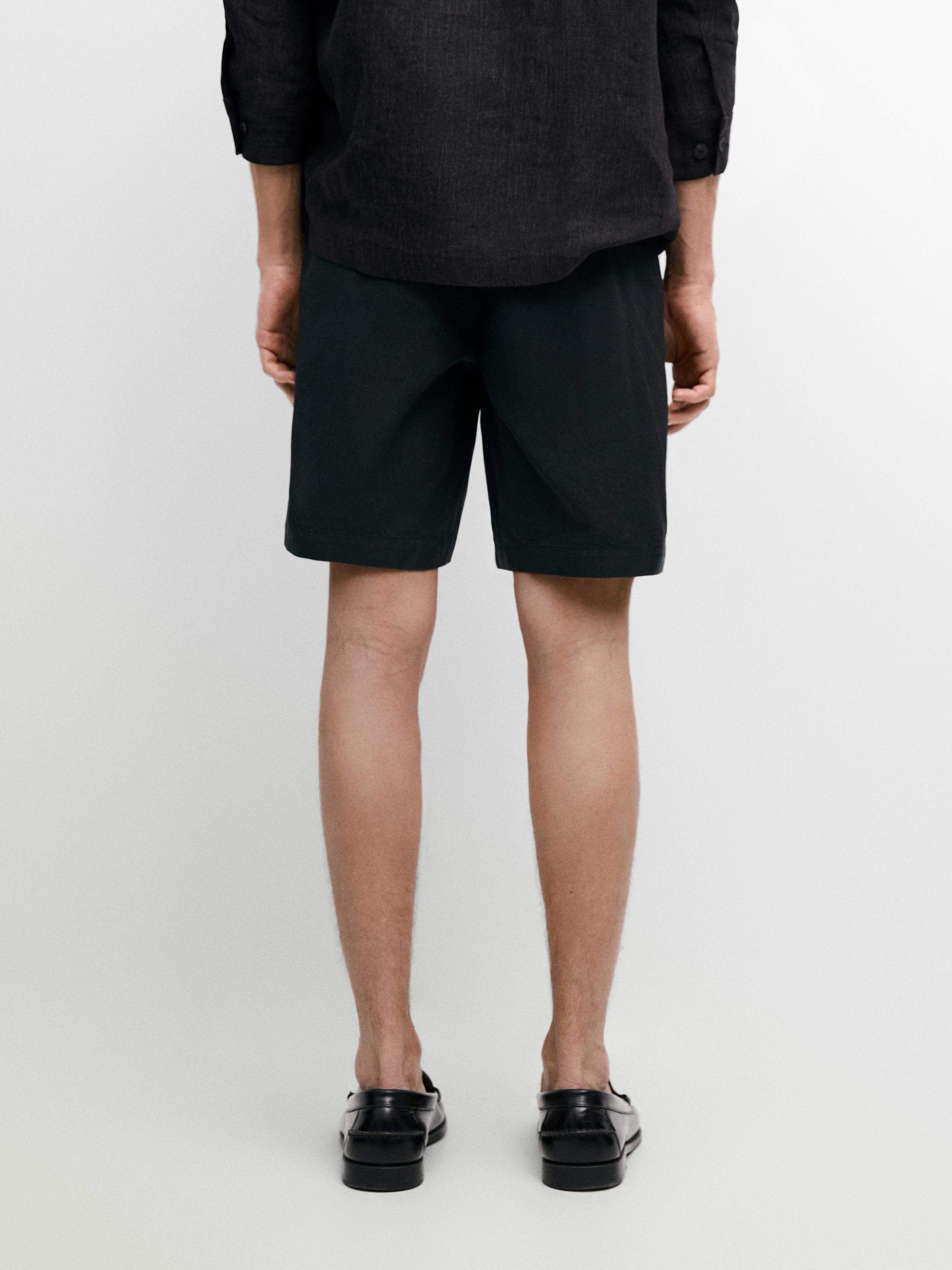 Cotton Bermuda shorts with waist detail — NAVY BLUE