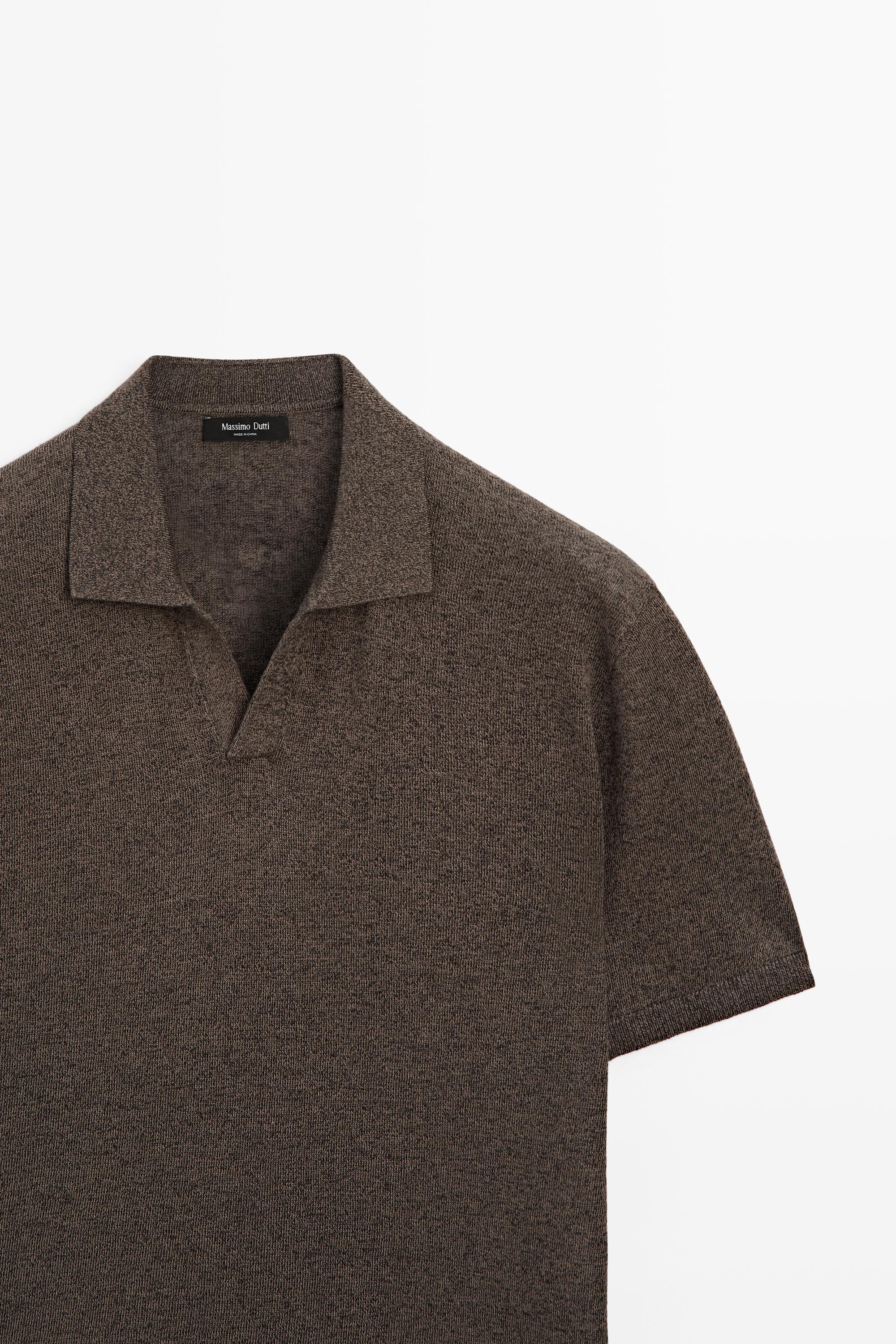 Linen blend V-neck polo shirt — BROWN