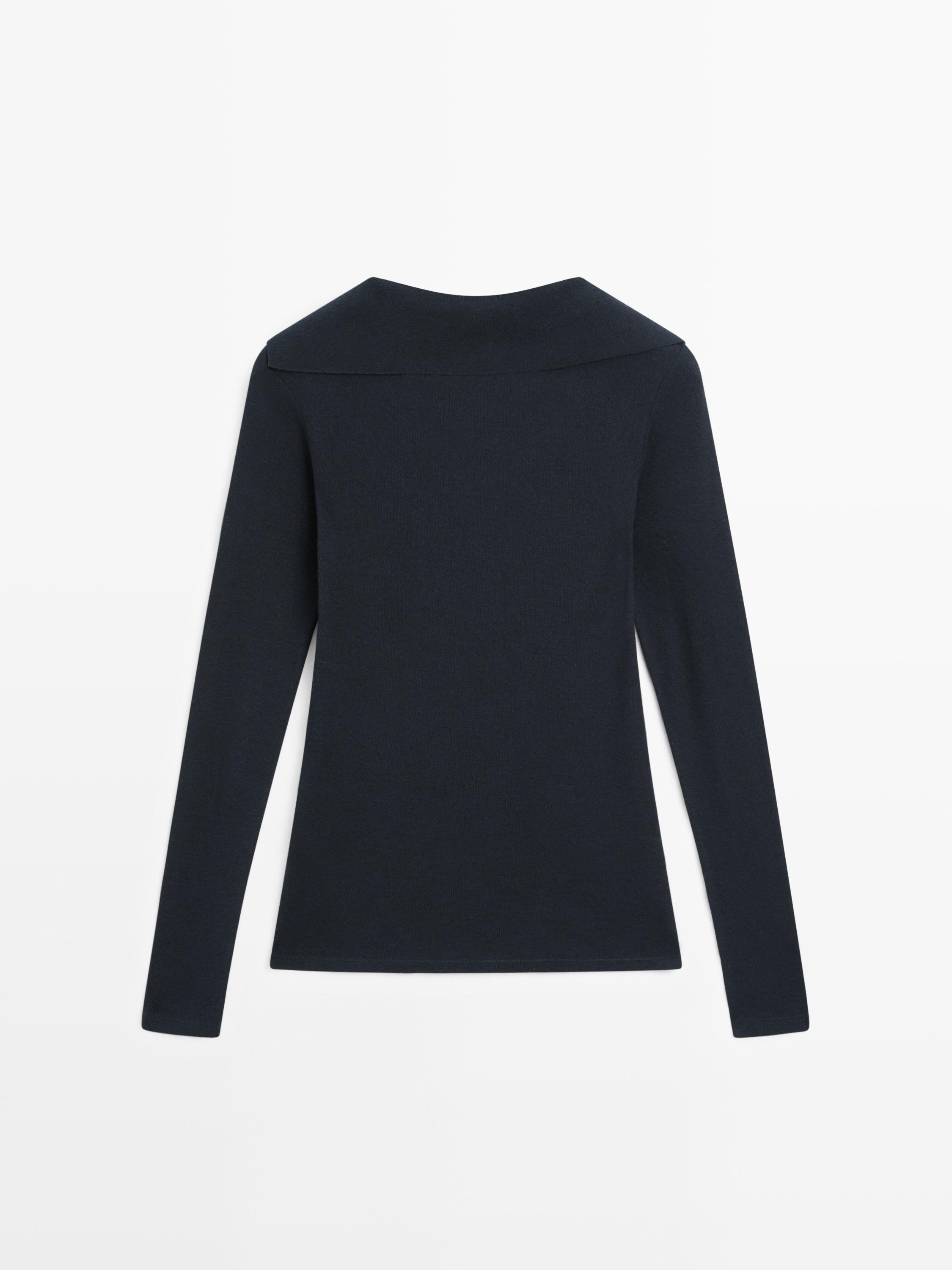 Long sleeve knit V-neck polo shirt — NAVY BLUE
