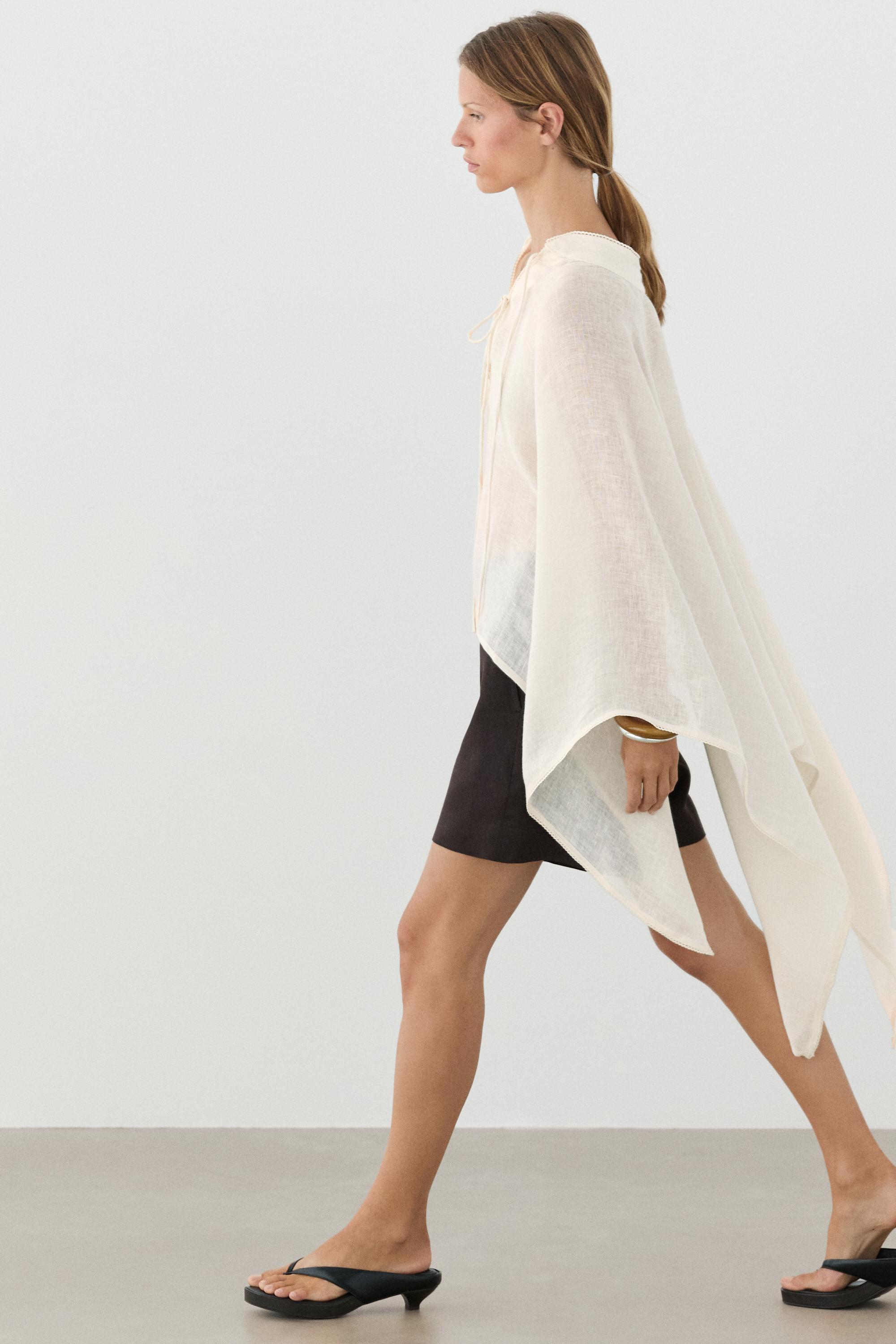 100% linen stand collar cape — CREAM