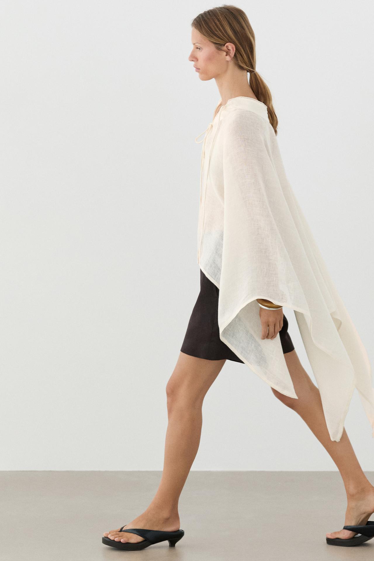 100% linen stand collar cape — CREAM