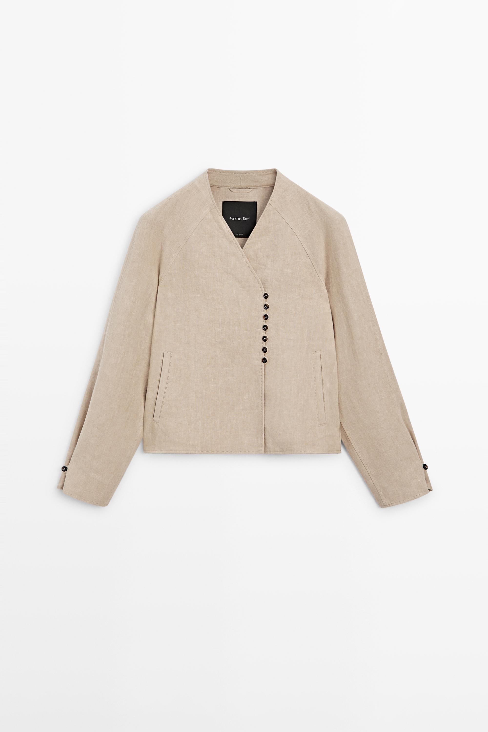 Cropped 100% linen jacket — BEIGE