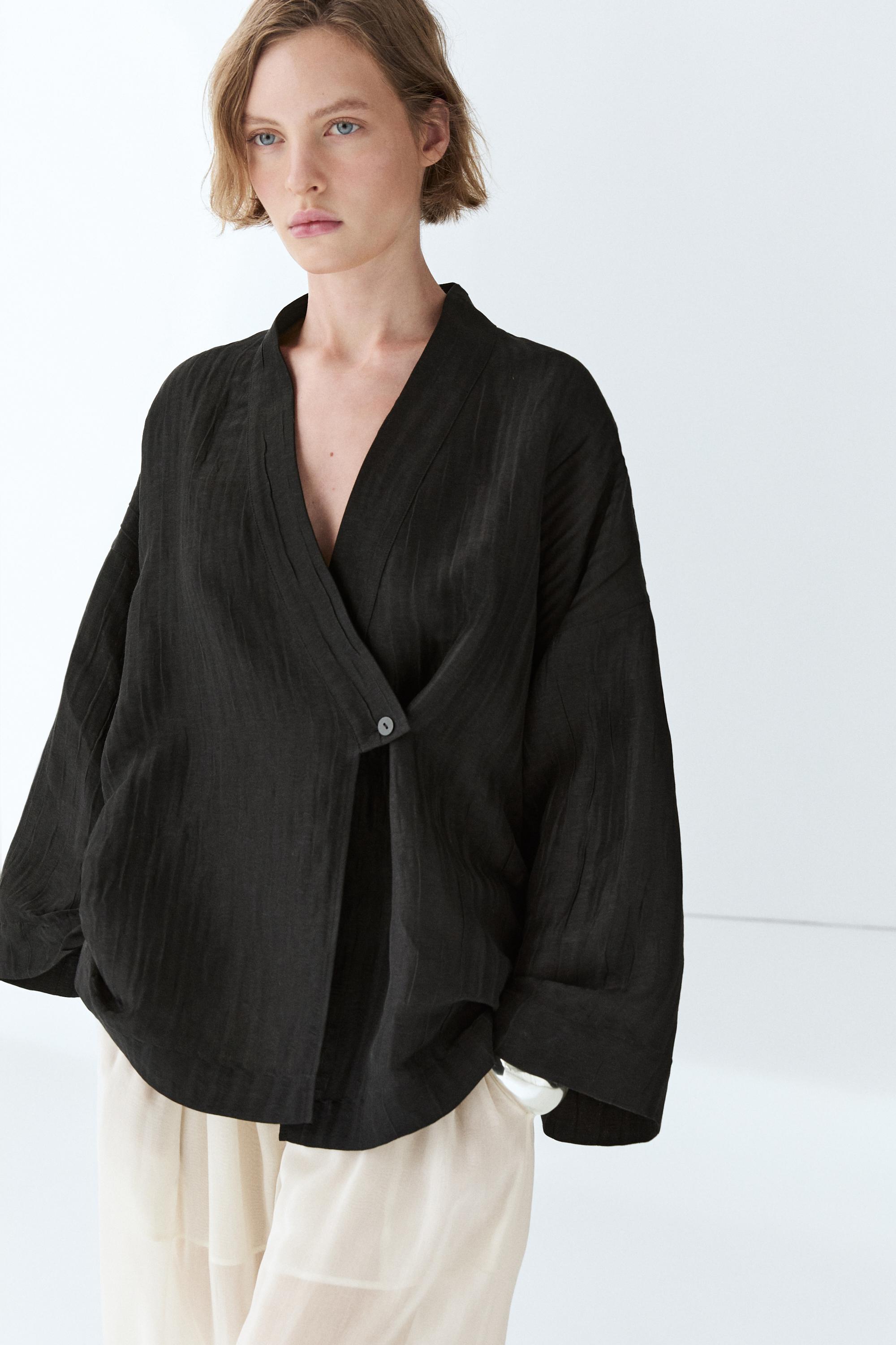 Textured linen blend V-neck kimono — BLACK