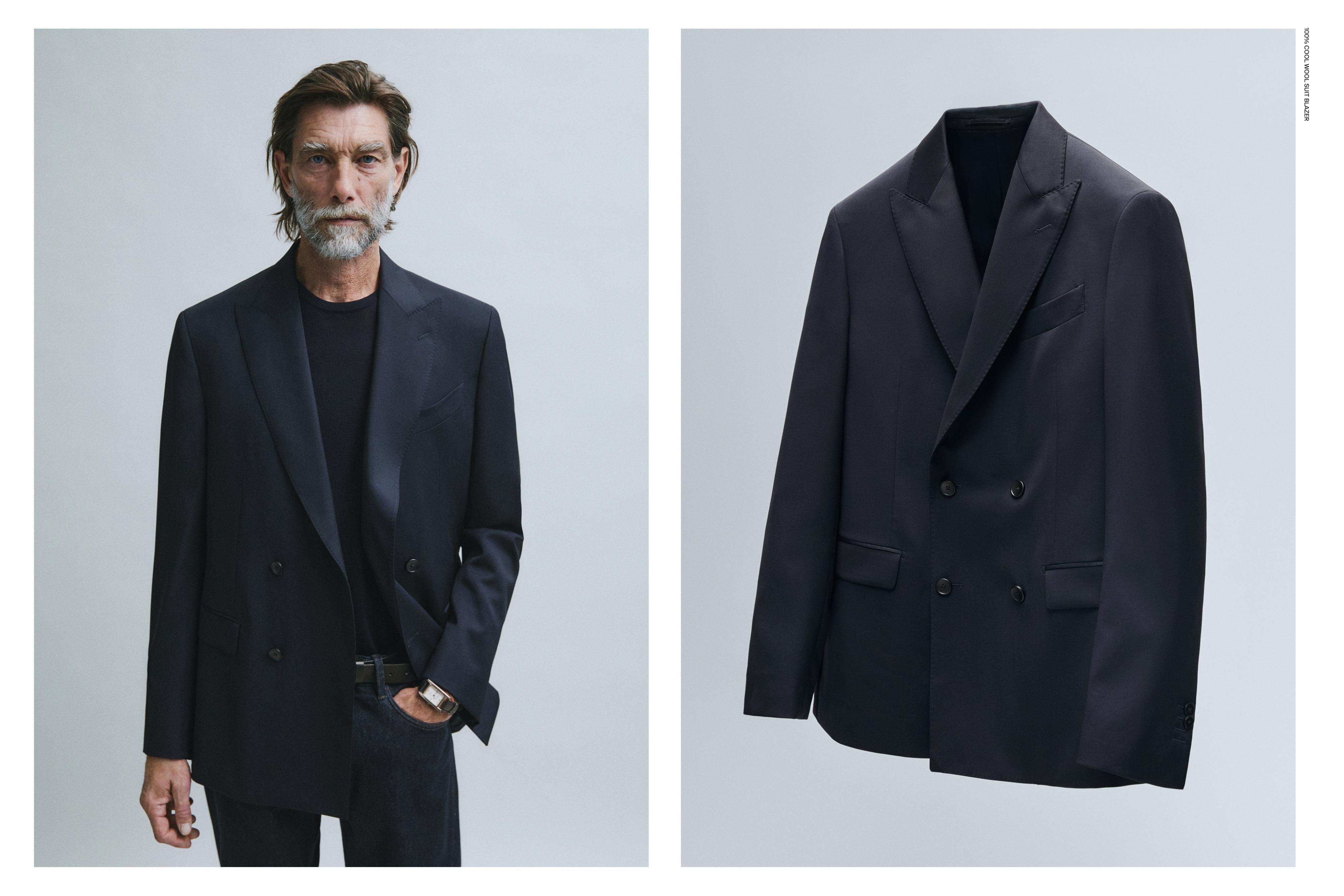 100% cool wool double-breasted suit blazer — NAVY BLUE