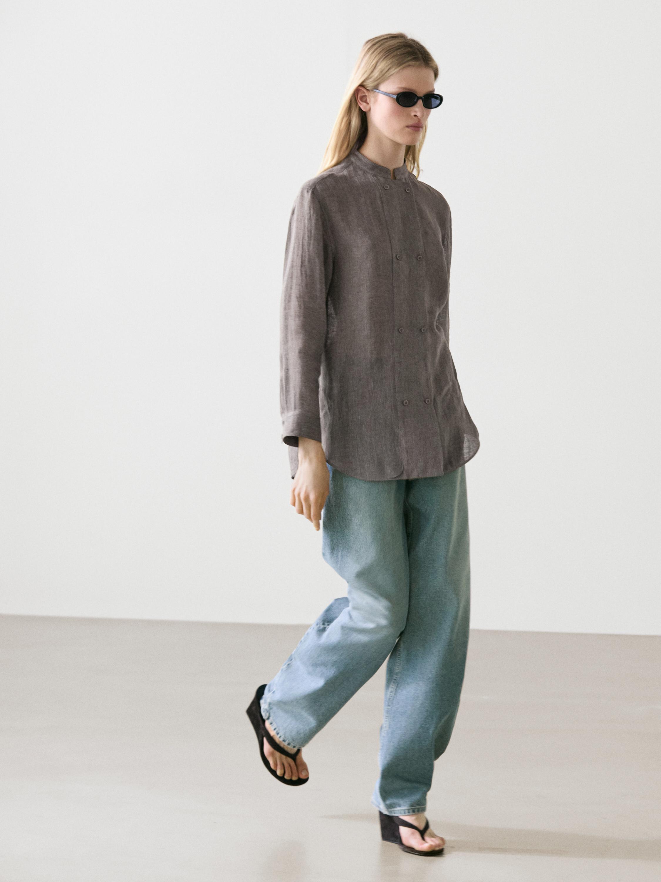Flowing linen blend shirt with button details — MOLE BROWN