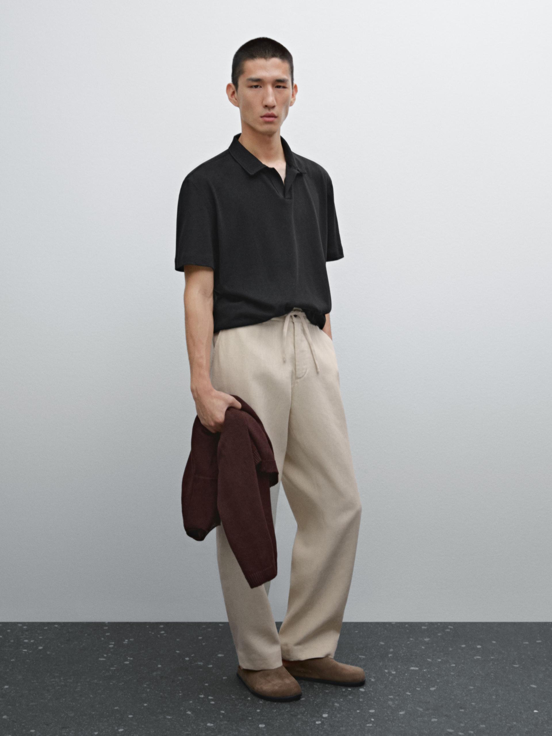 Polo Manches Courtes Lin Mélangé - Noir - S - Massimo Dutti - Homme