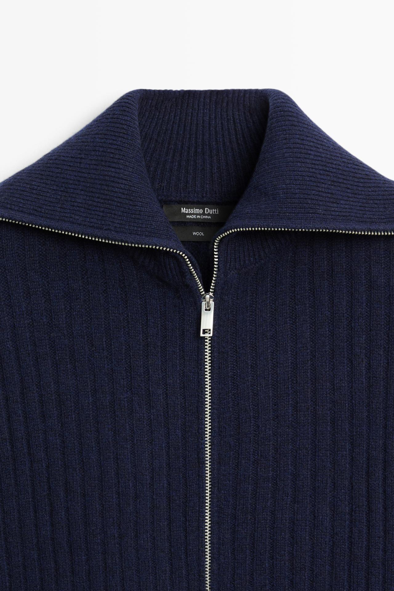 100% wool knit zip-up cardigan — INK BLUE