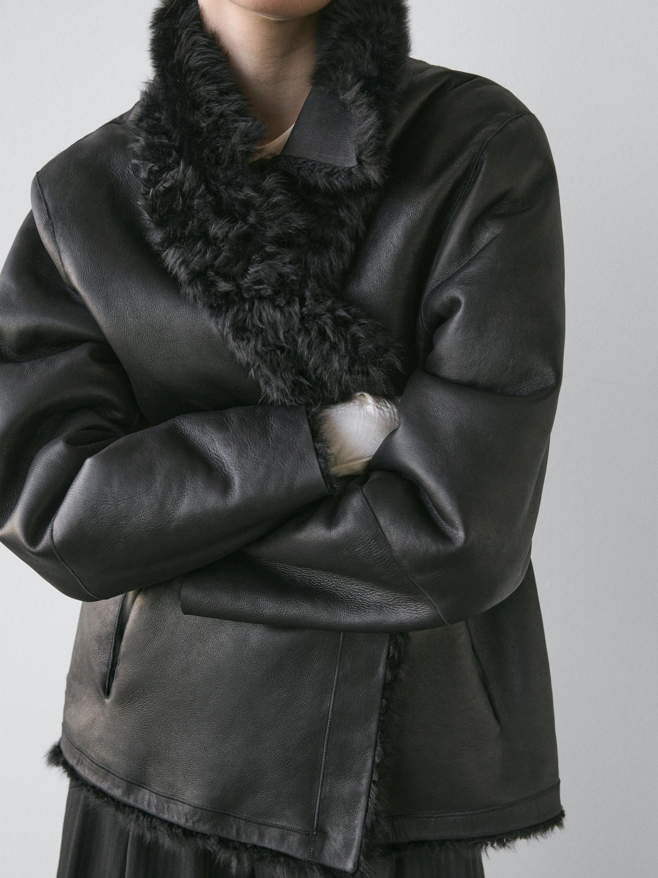 Sheepskin leather coat with lapel collar - STUDIO — BLACK