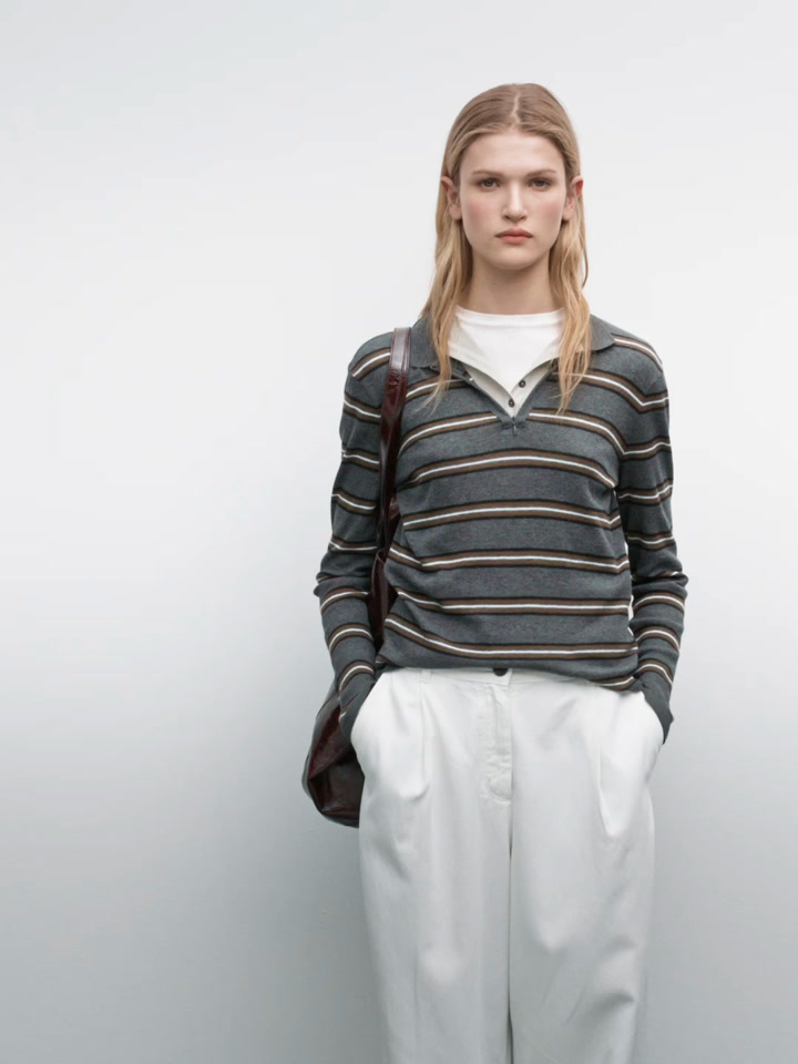 Striped knit sweater with polo collar