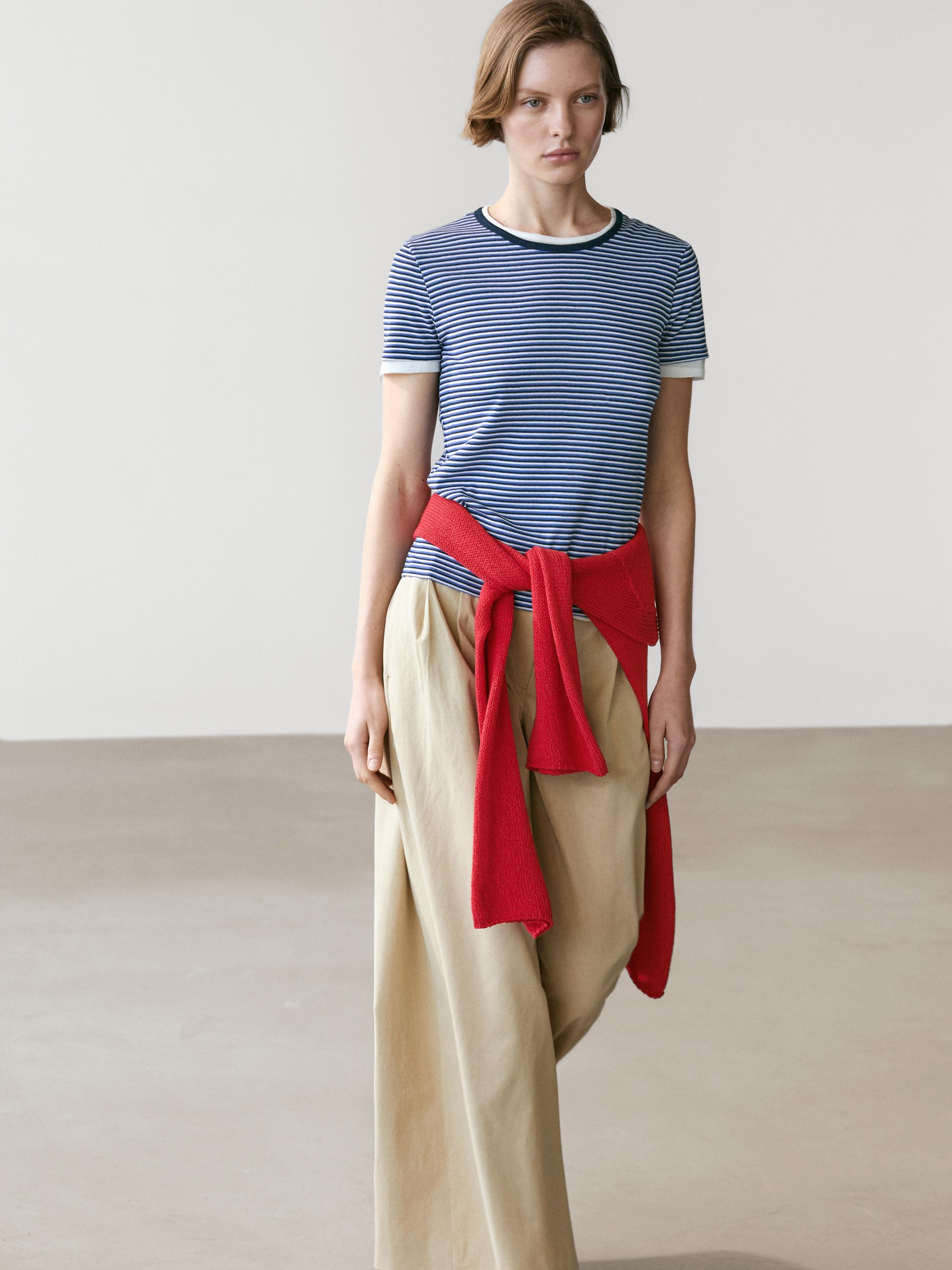 Striped double-layer T-shirt with short sleeves — BLUE