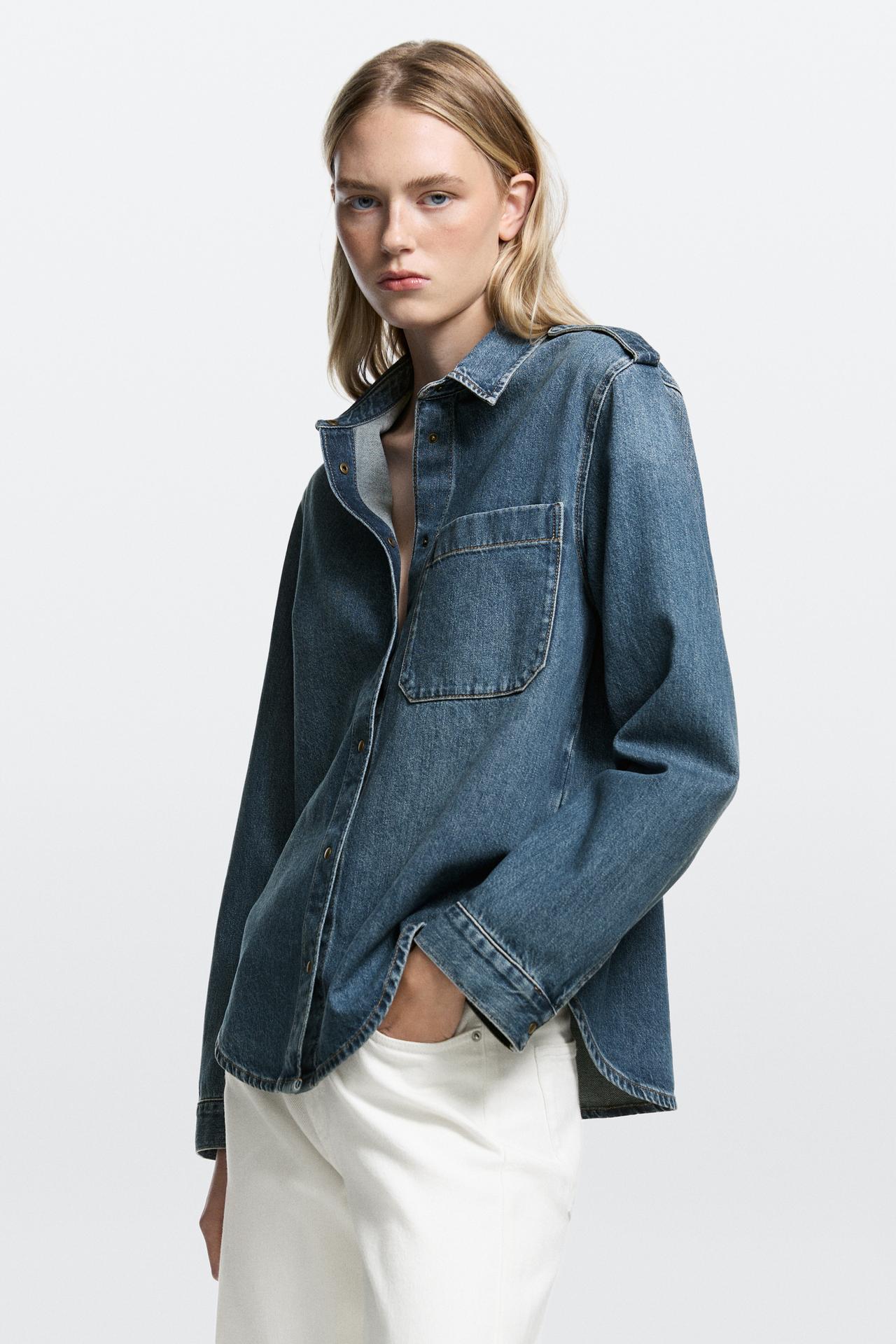 Denim shirt with shoulder tab detail — MEDIUM BLUE