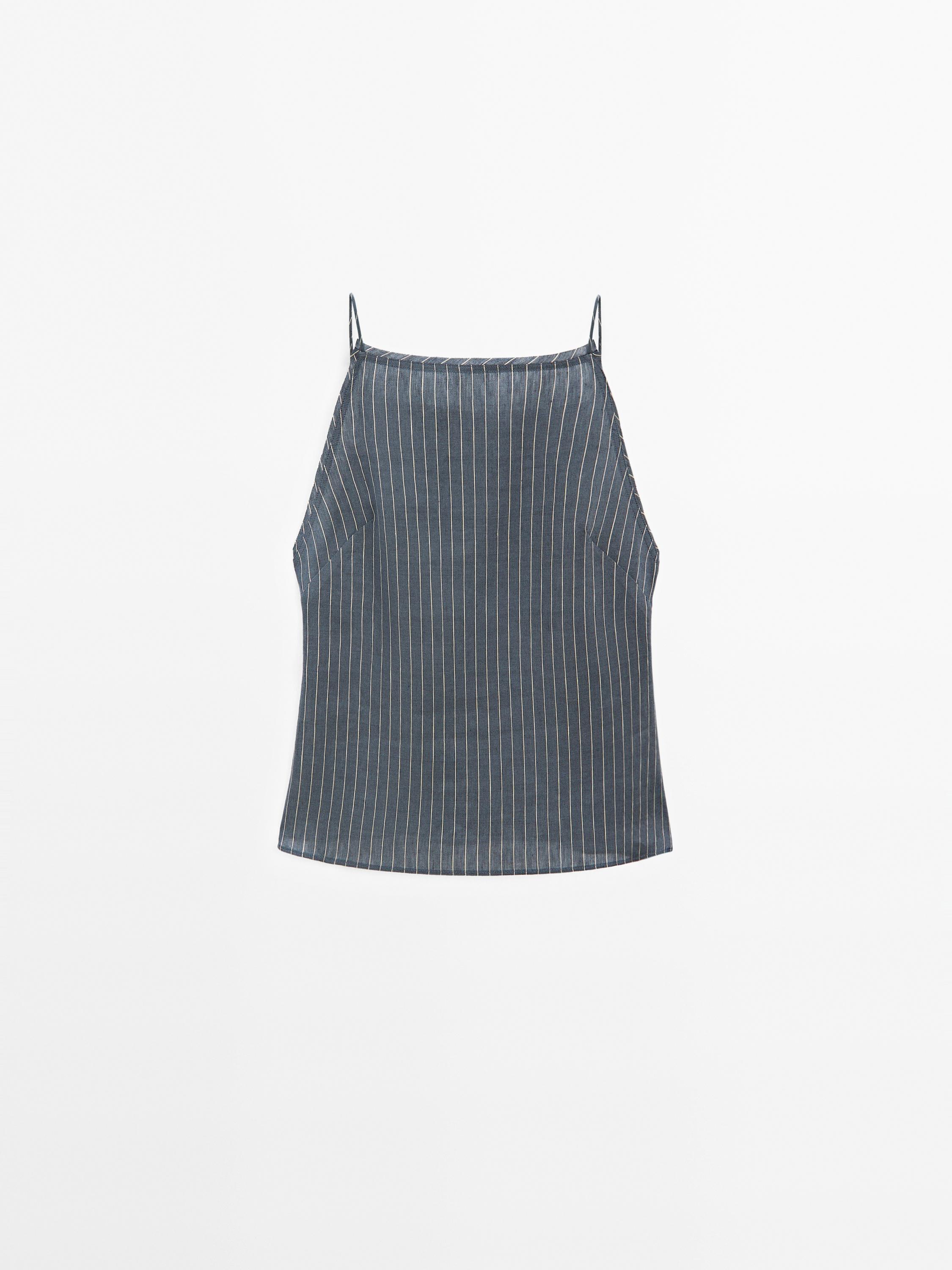 Top z mieszanki lnu w paski z dekoltem halter