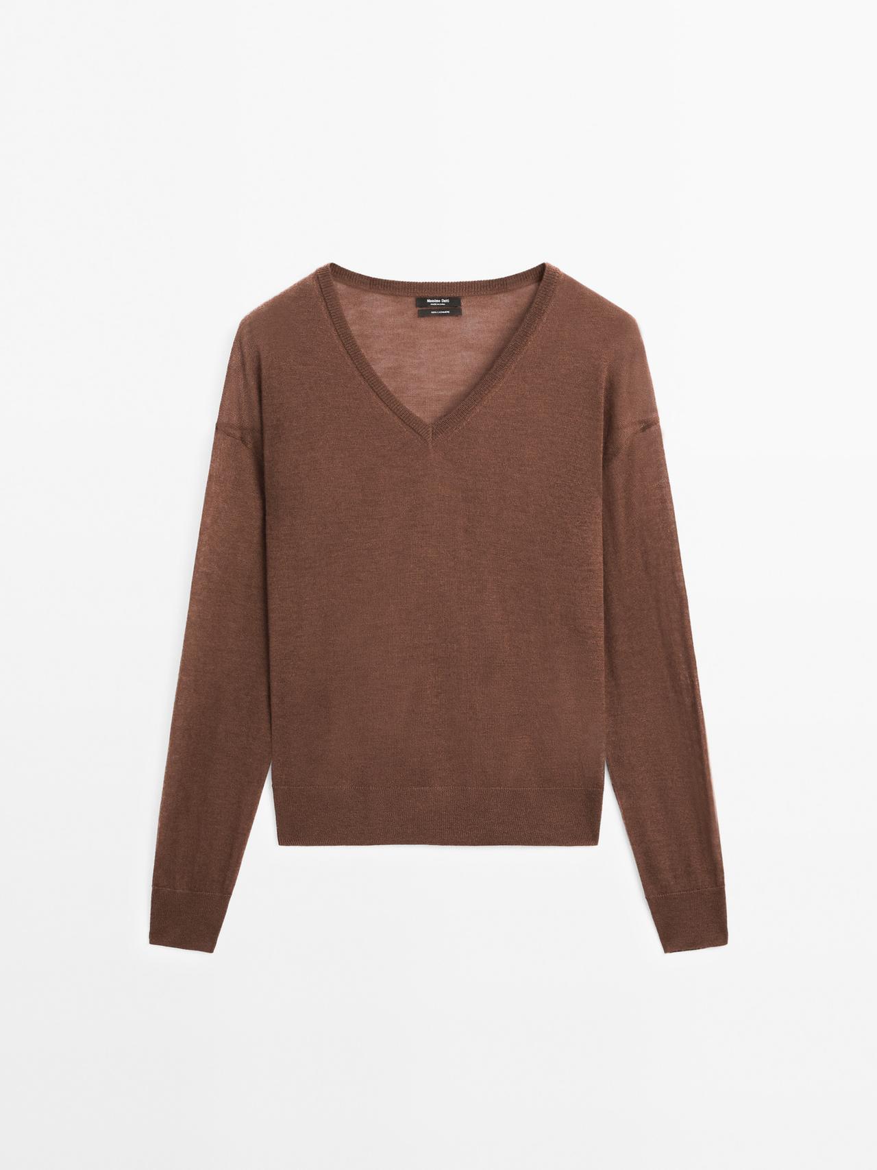 Massimo Dutti - Dame - Finstrikket Trøje I 100 % Kashmir - Brun - S