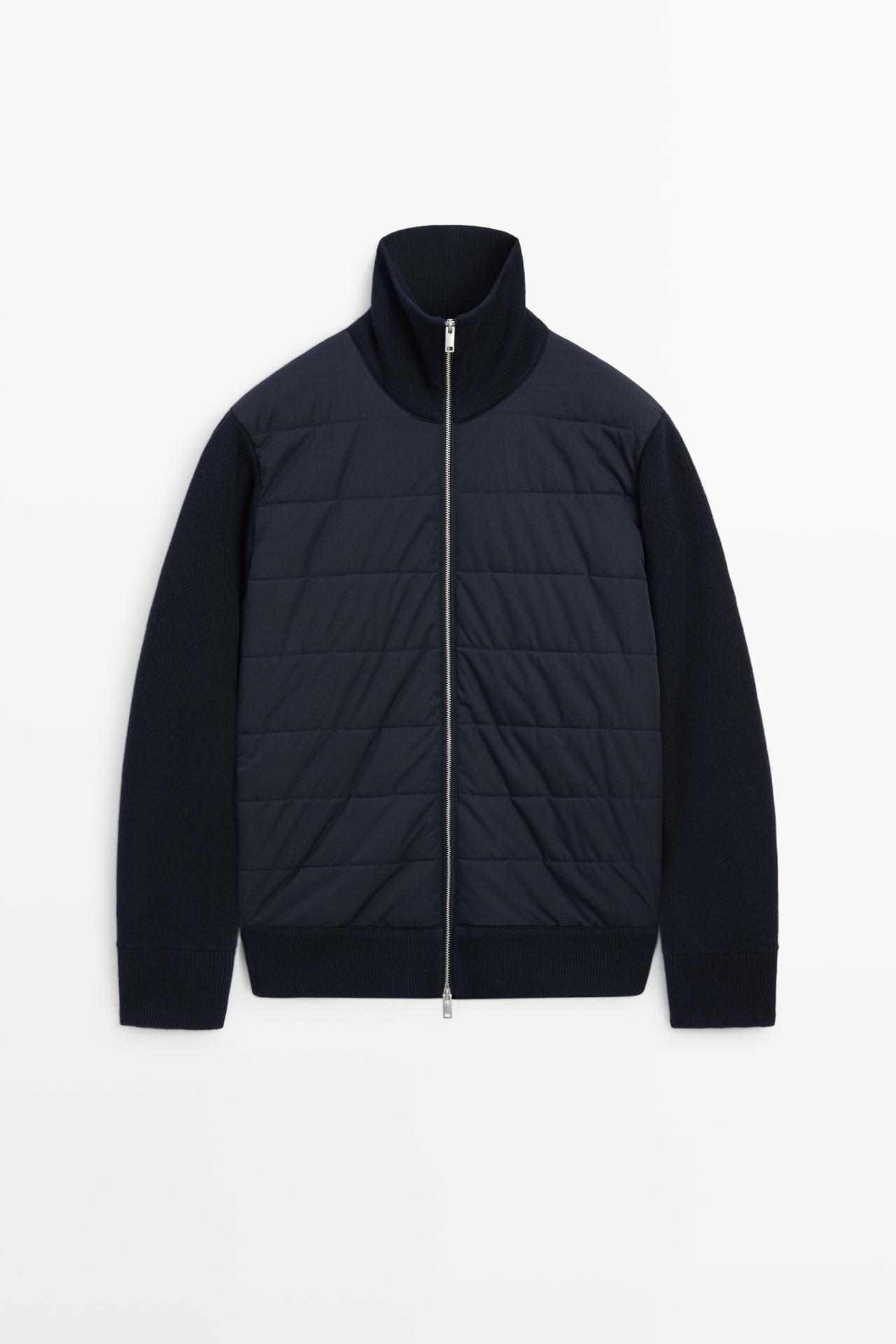 High neck mixed fabric cardigan — NAVY BLUE