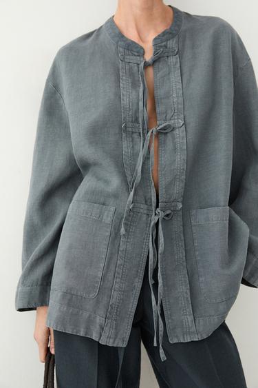 100% linen wrap jacket with tie detail — BLUE 3