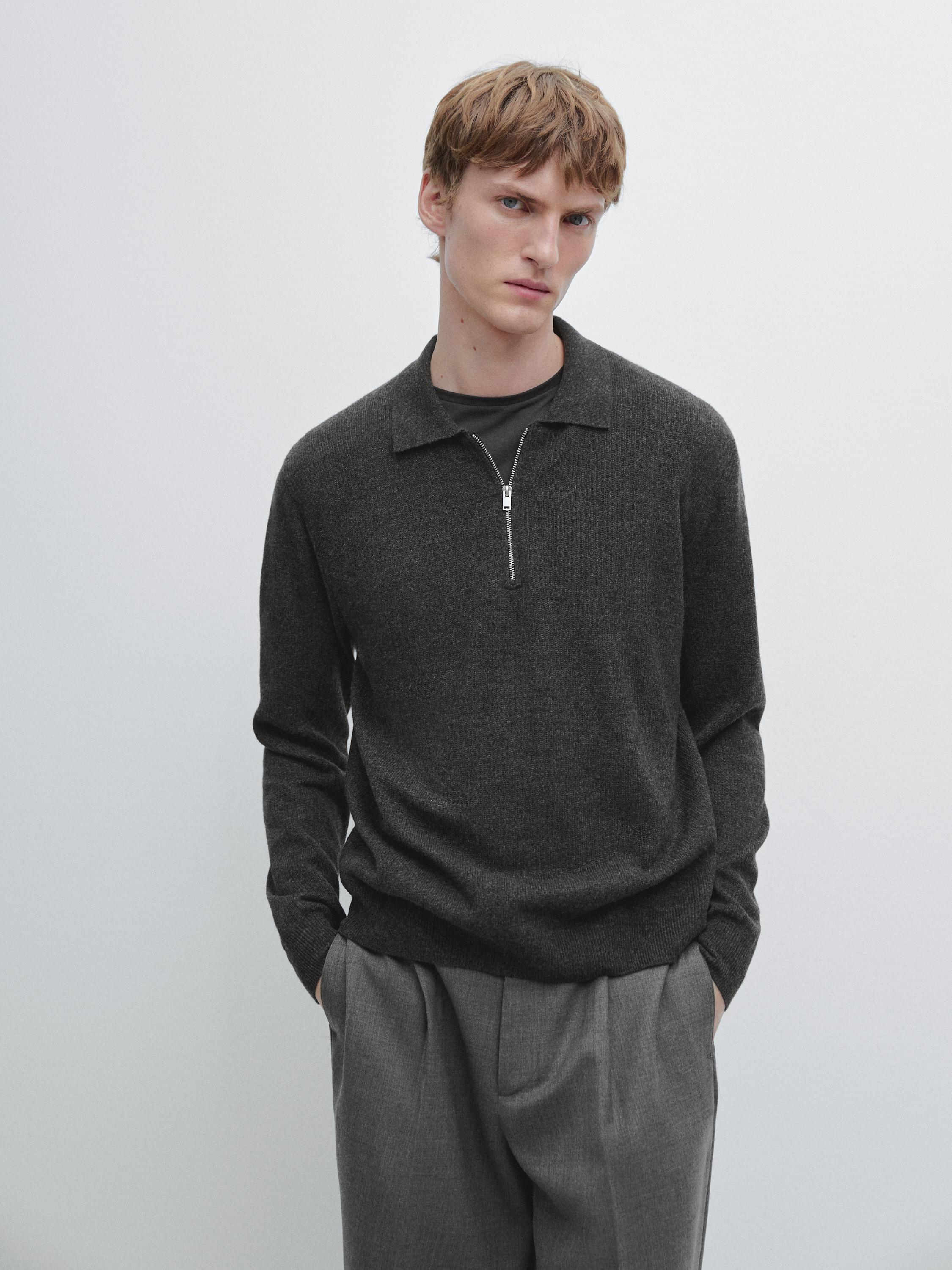 Knit wool blend polo sweater with zip