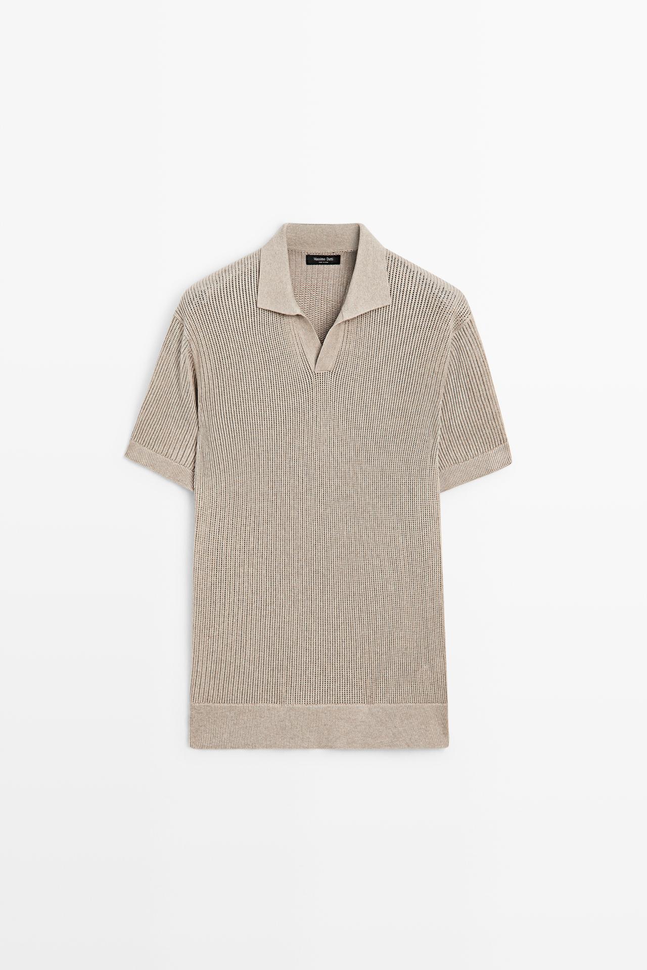 Cotton-blend V-neck knit polo shirt — MINK