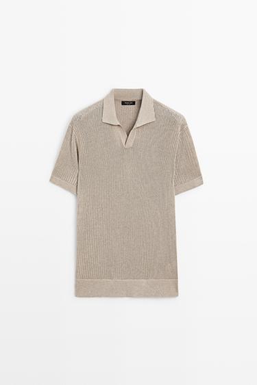 Cotton-blend V-neck knit polo shirt — MINK 2