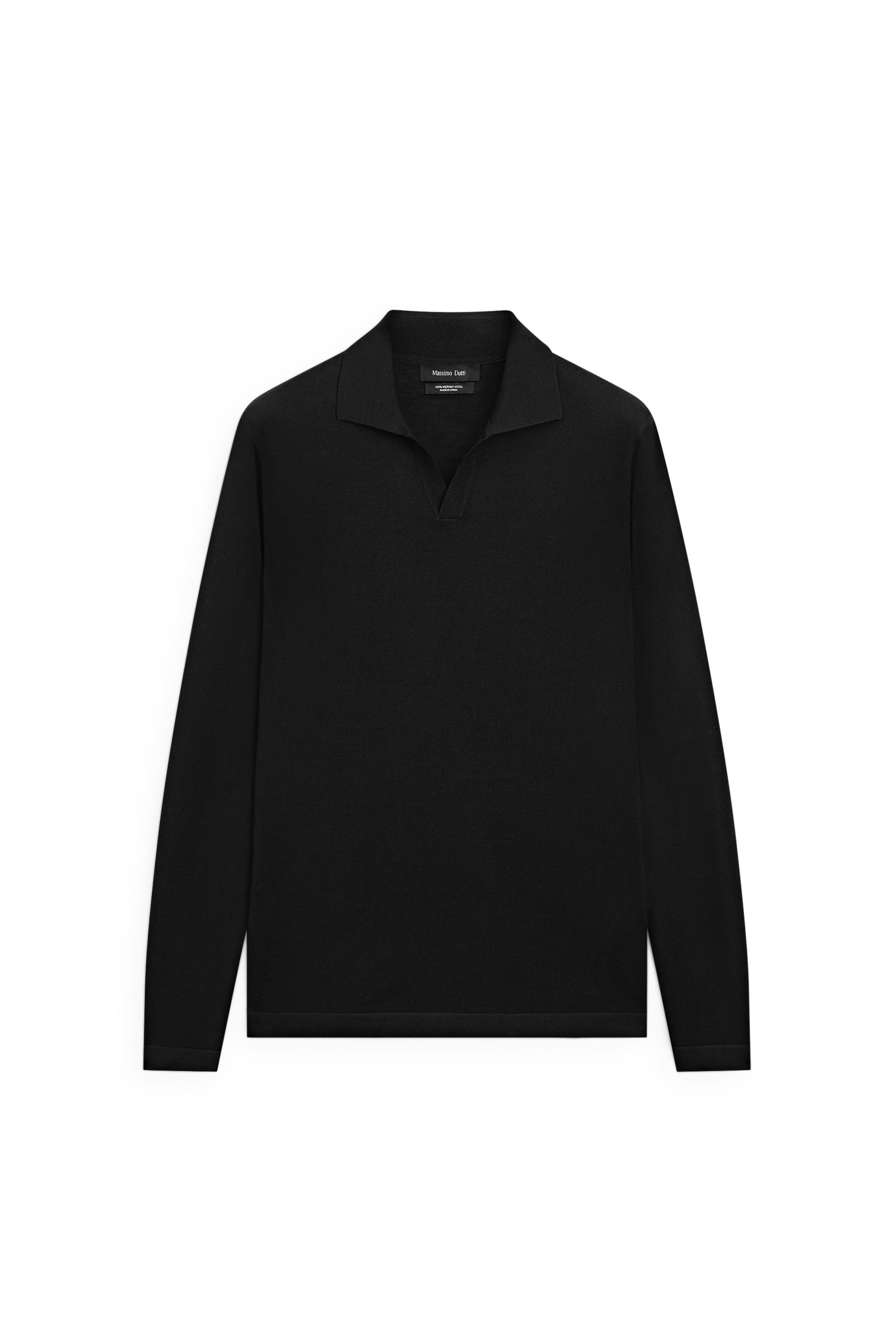 100% merino wool knit polo sweater — BLACK