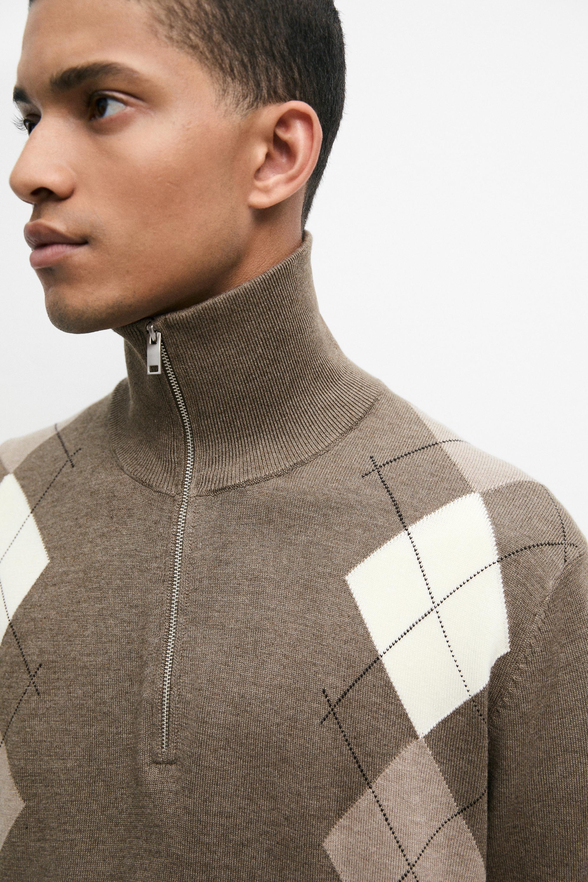 Argyle quarter-zip knit sweater — KHAKI