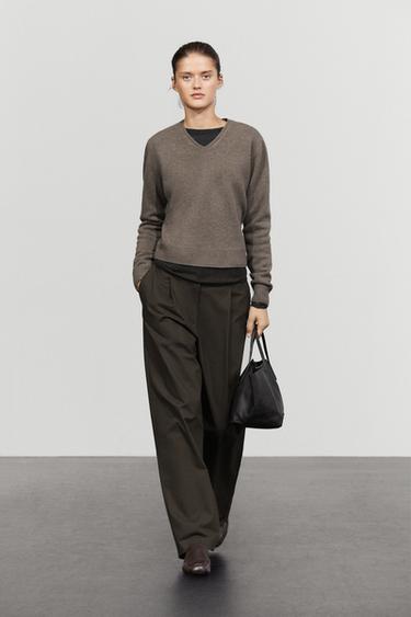 100% wool V-neck knit sweater — MOLE BROWN 1