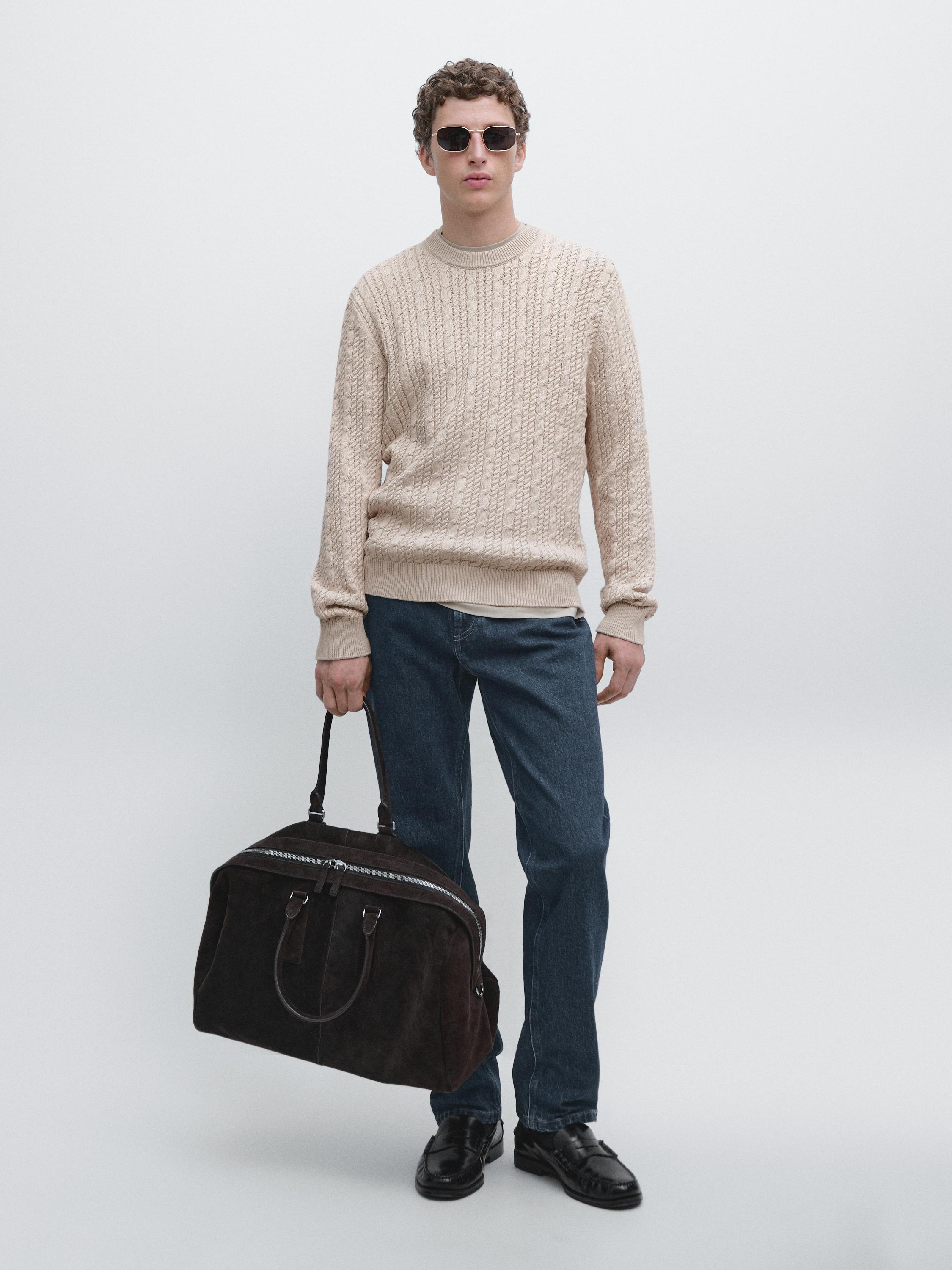 Cable-knit 100% cotton sweater with crew neck — STONE