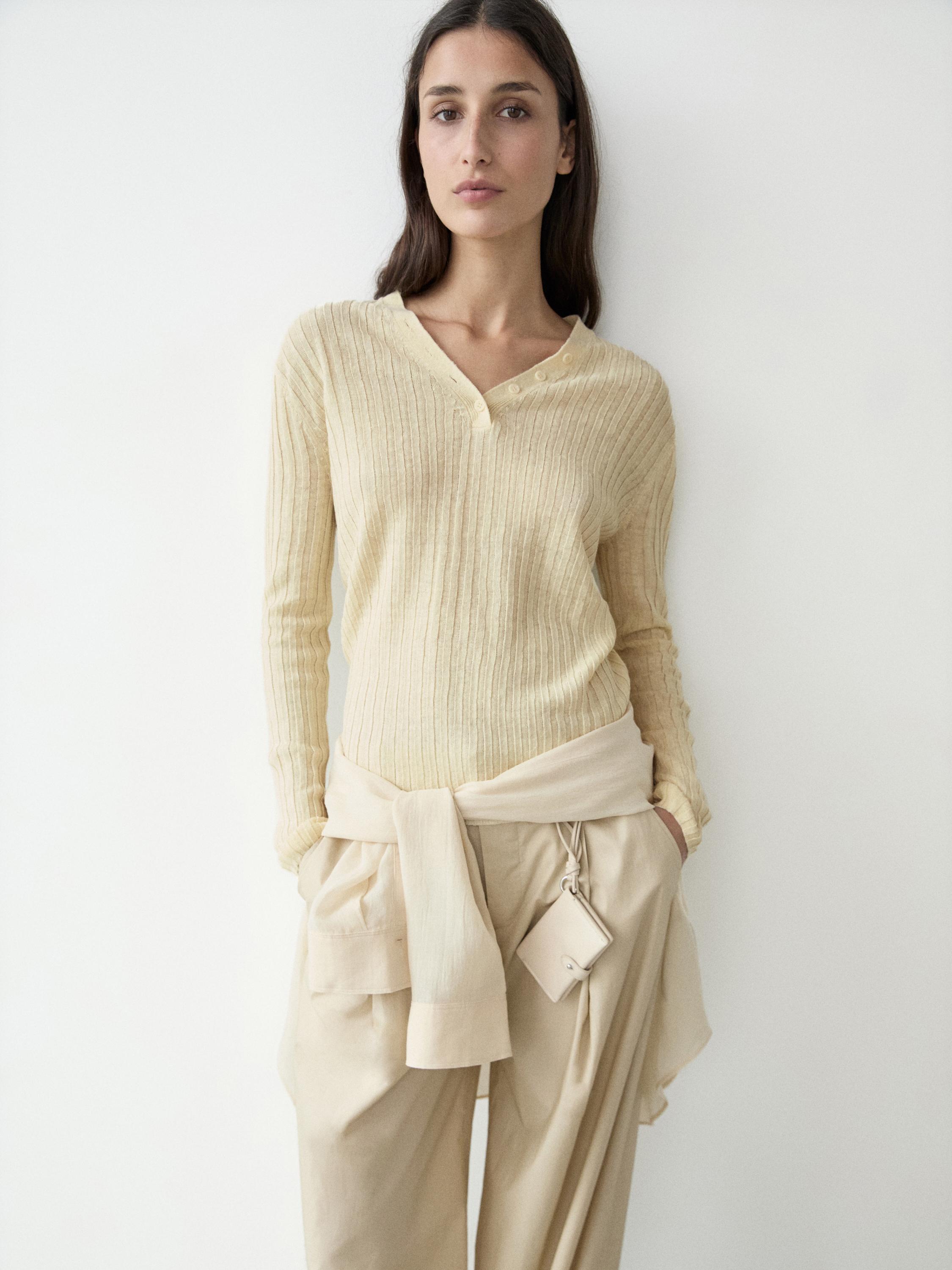 100% linen knit sweater with button details — Vanilla