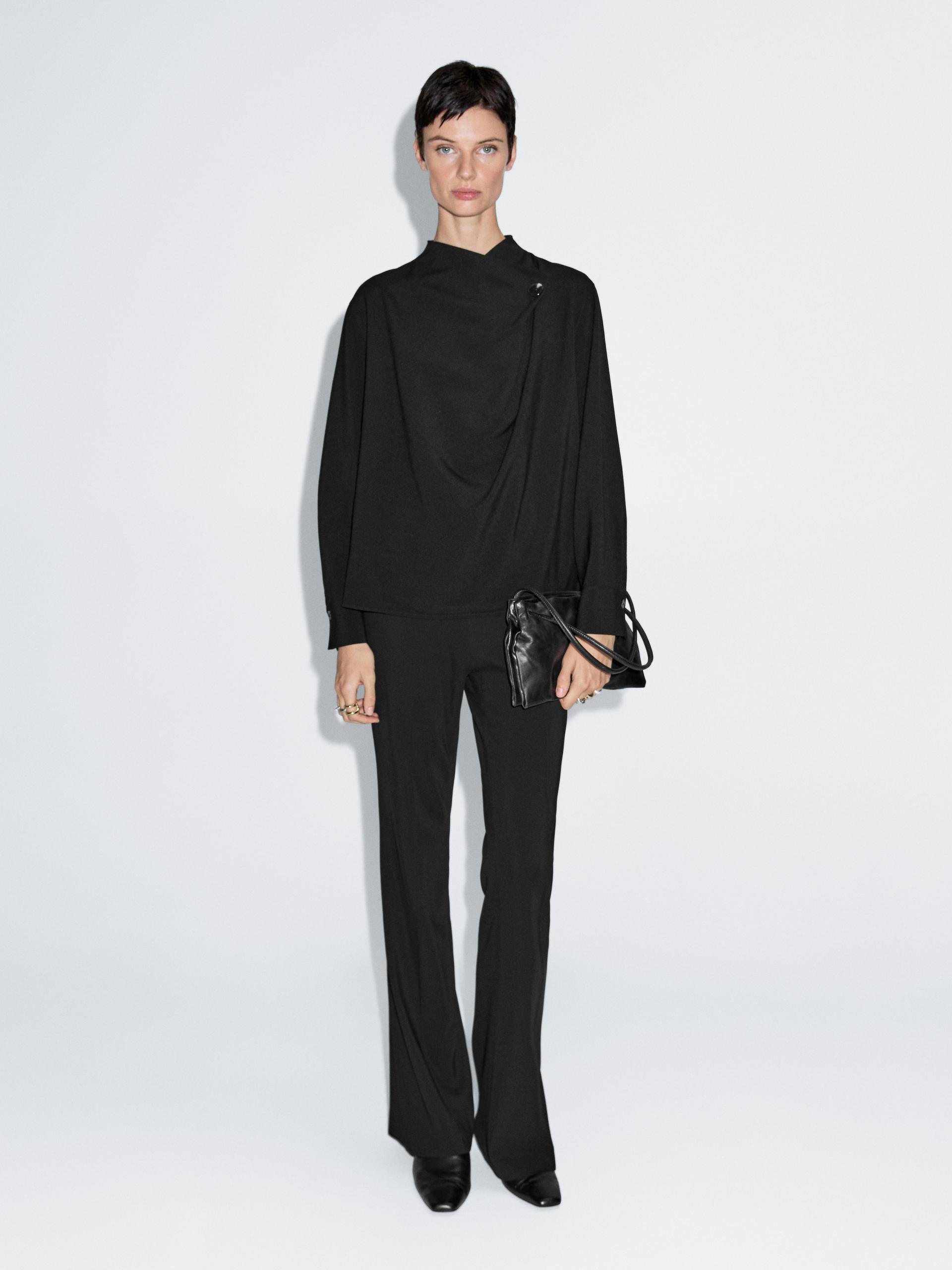 Chemisier Croisé Avec Bouton - Noir - S - Massimo Dutti - Femme