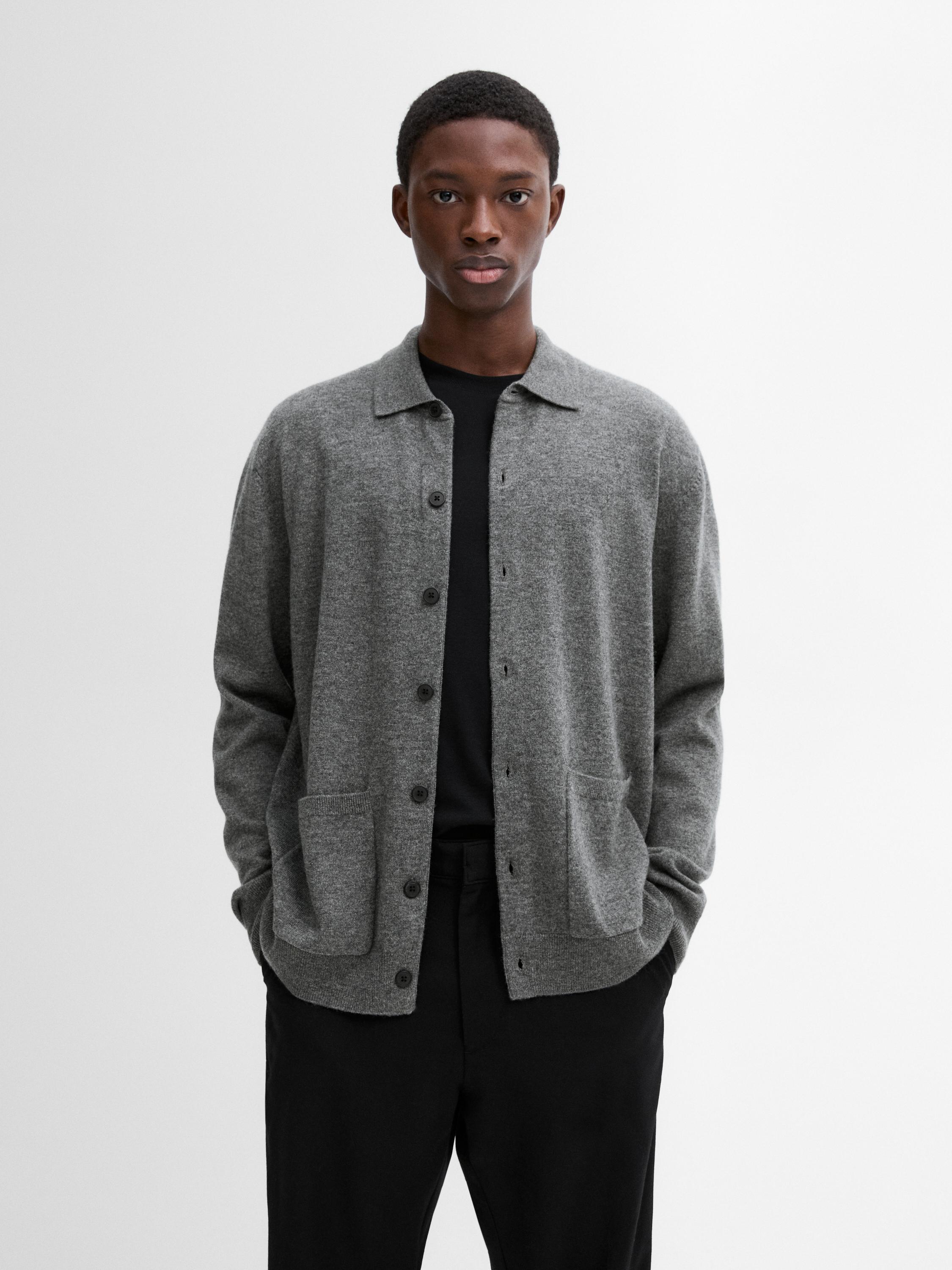 Wool polo collar knit cardigan