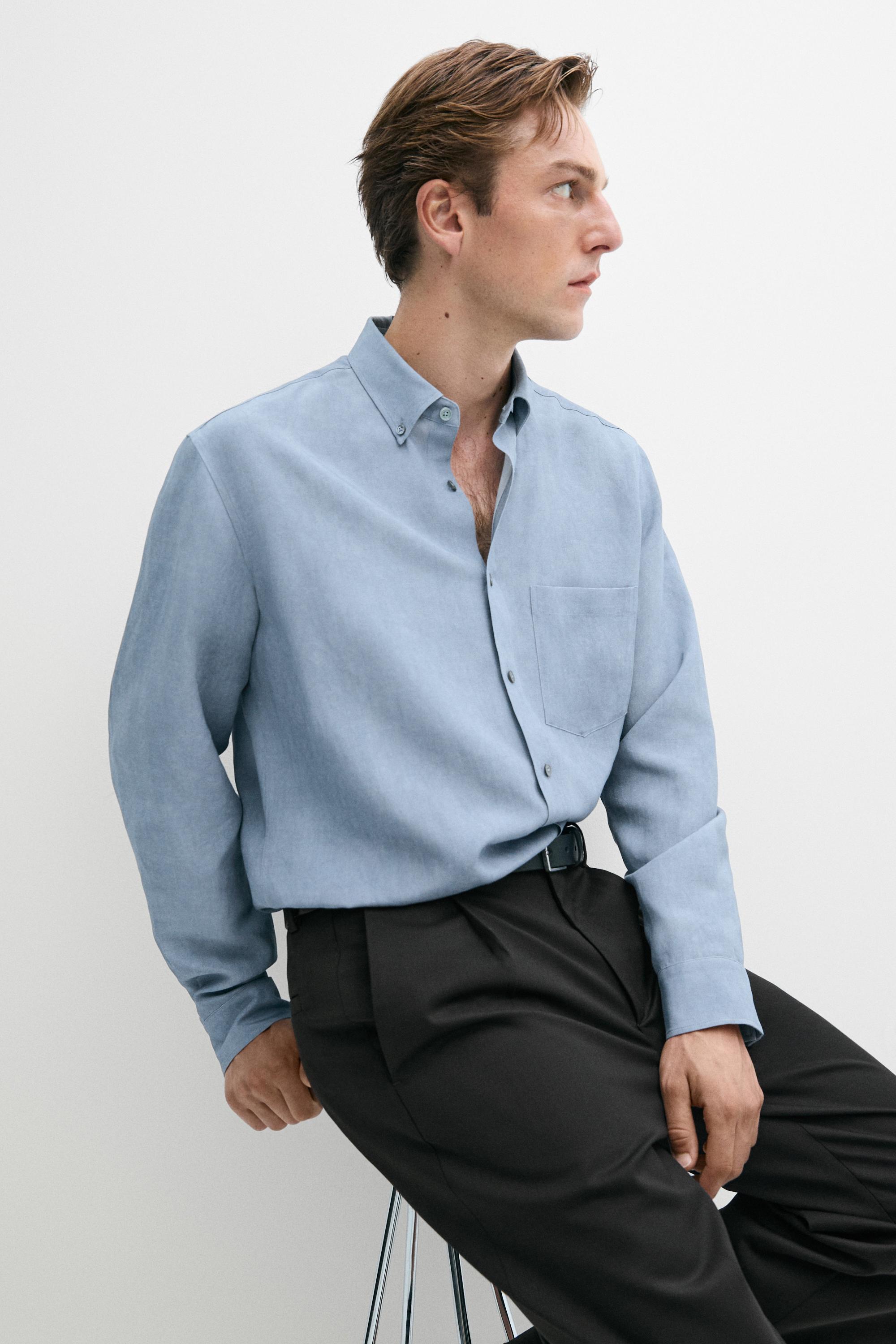 Flowing regular fit lyocell-linen shirt — BLUE