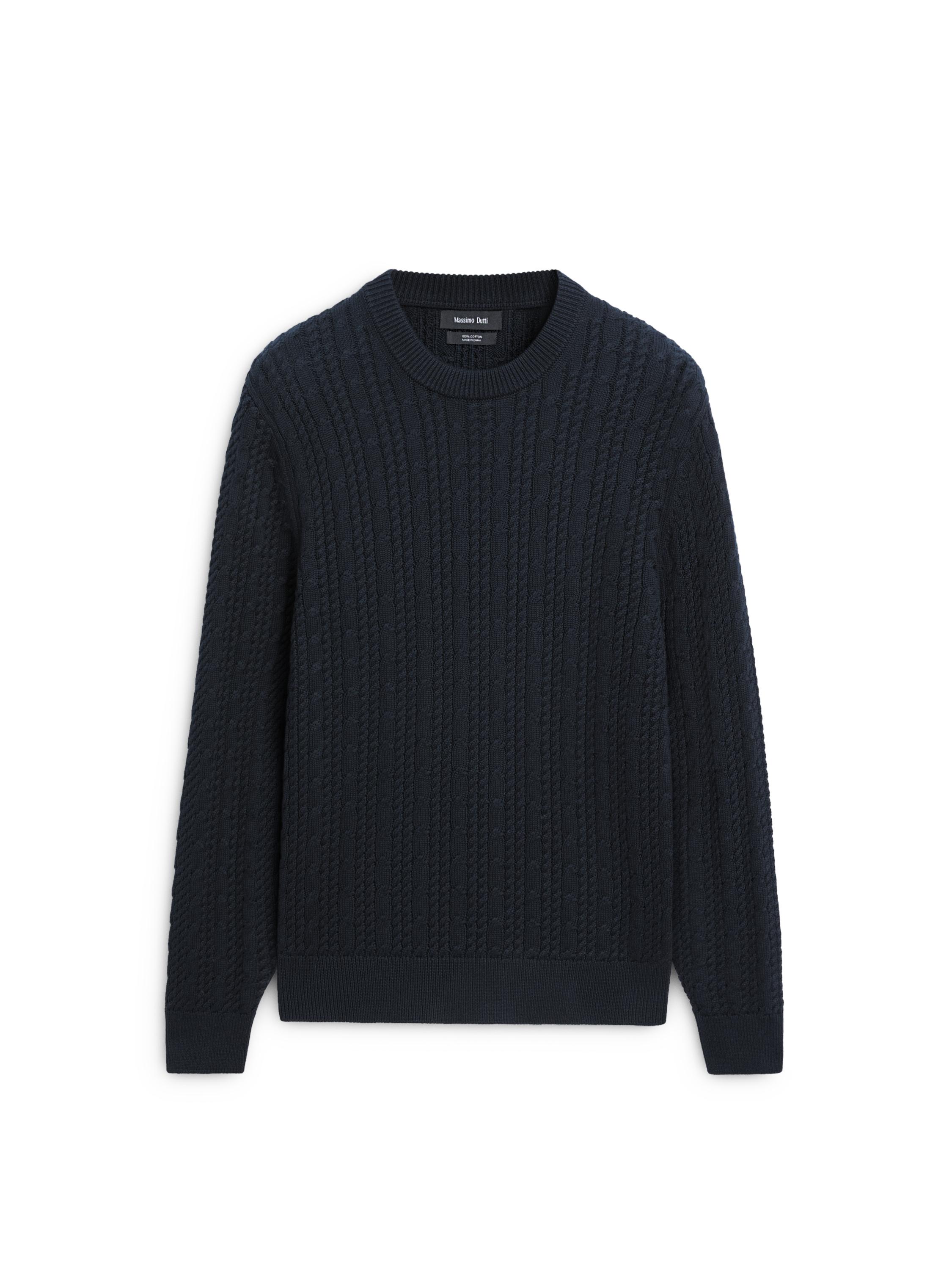 Cable-knit 100% cotton sweater with crew neck — NAVY BLUE