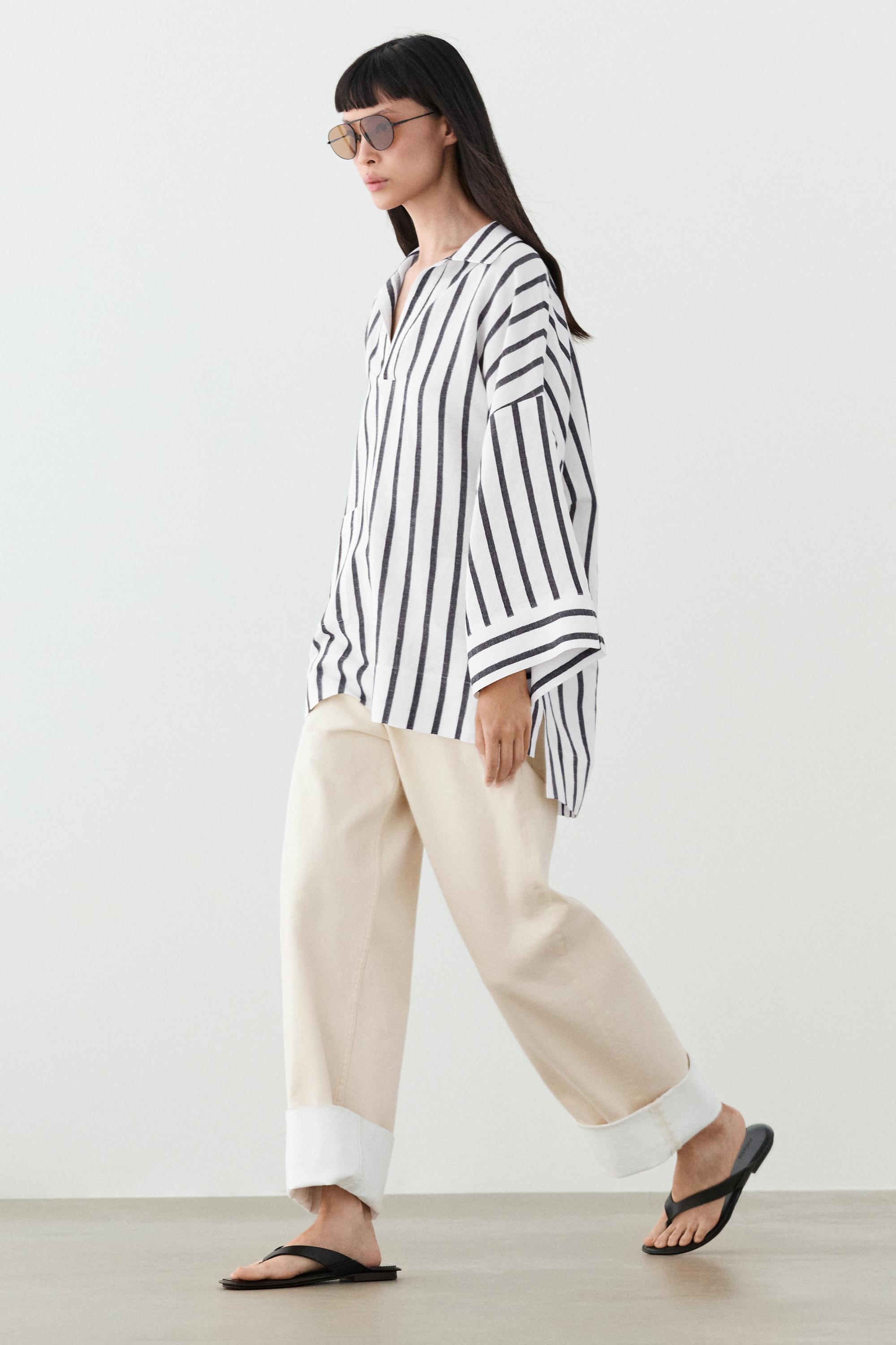 Striped oversize linen blend shirt — WHITE