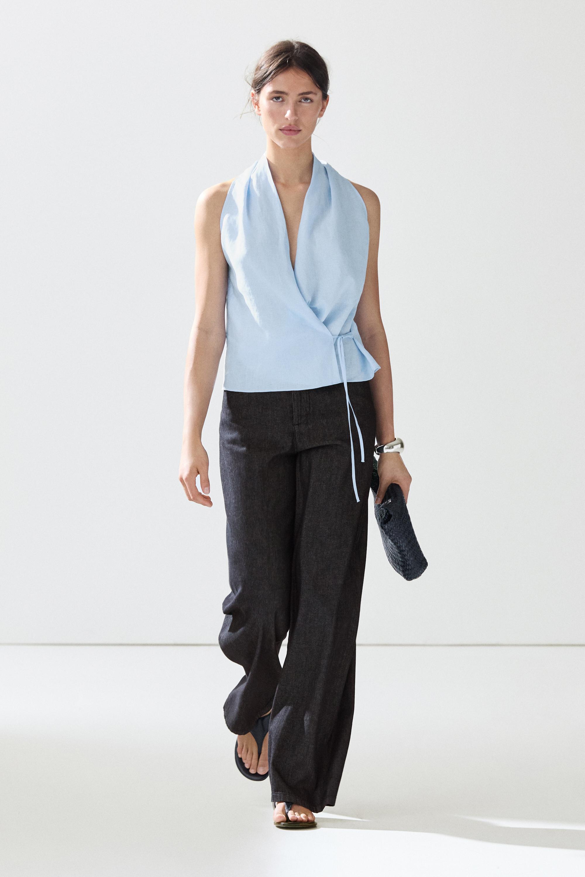 Top Halter Allacciato 100% Lino - Celeste - M - Massimo Dutti - Female-image